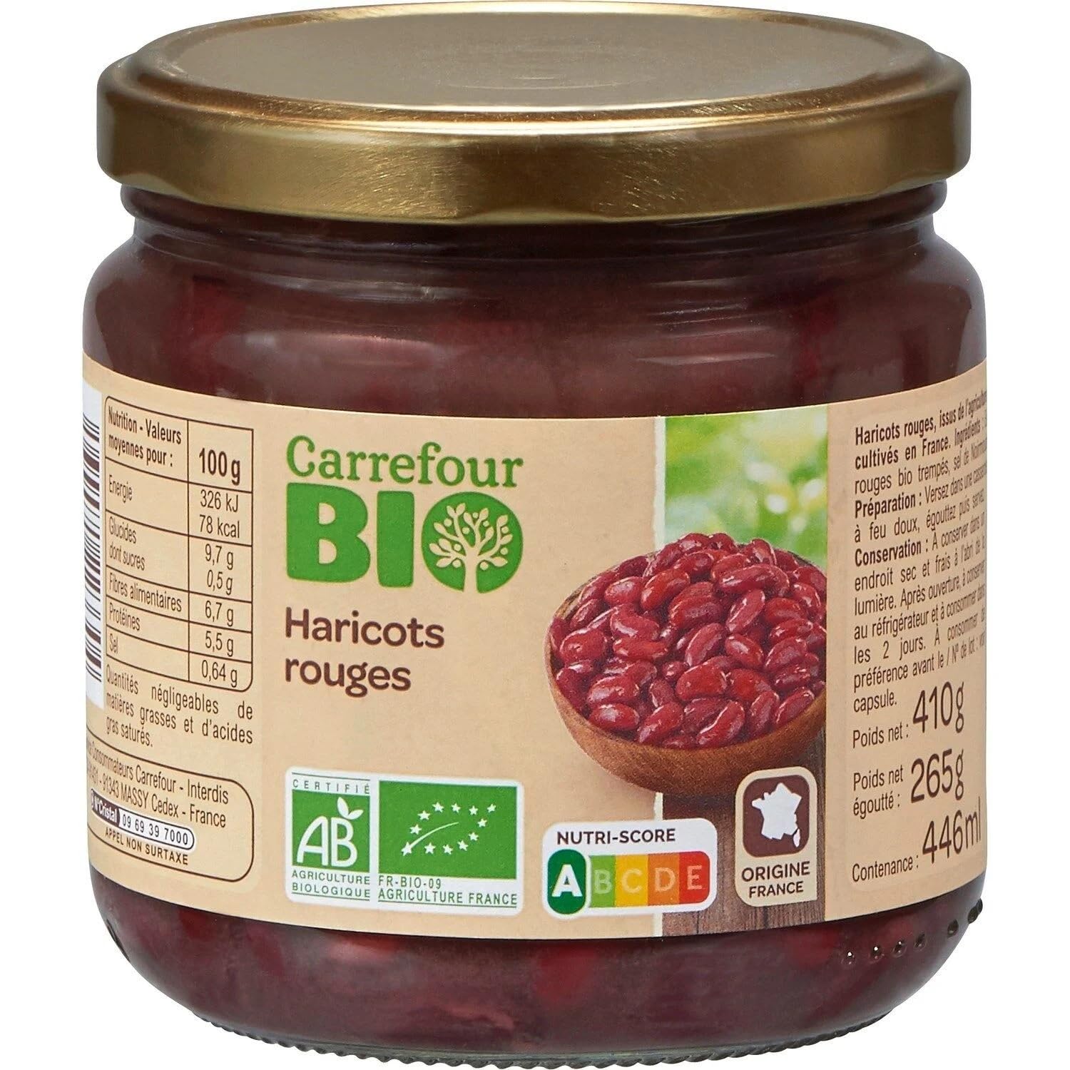 CARREFOUR BIO - Haricots Rouges Bio - Sel de Noirmoutier - le bocal de 265g net égoutté - 410g - Le Lot De 4
