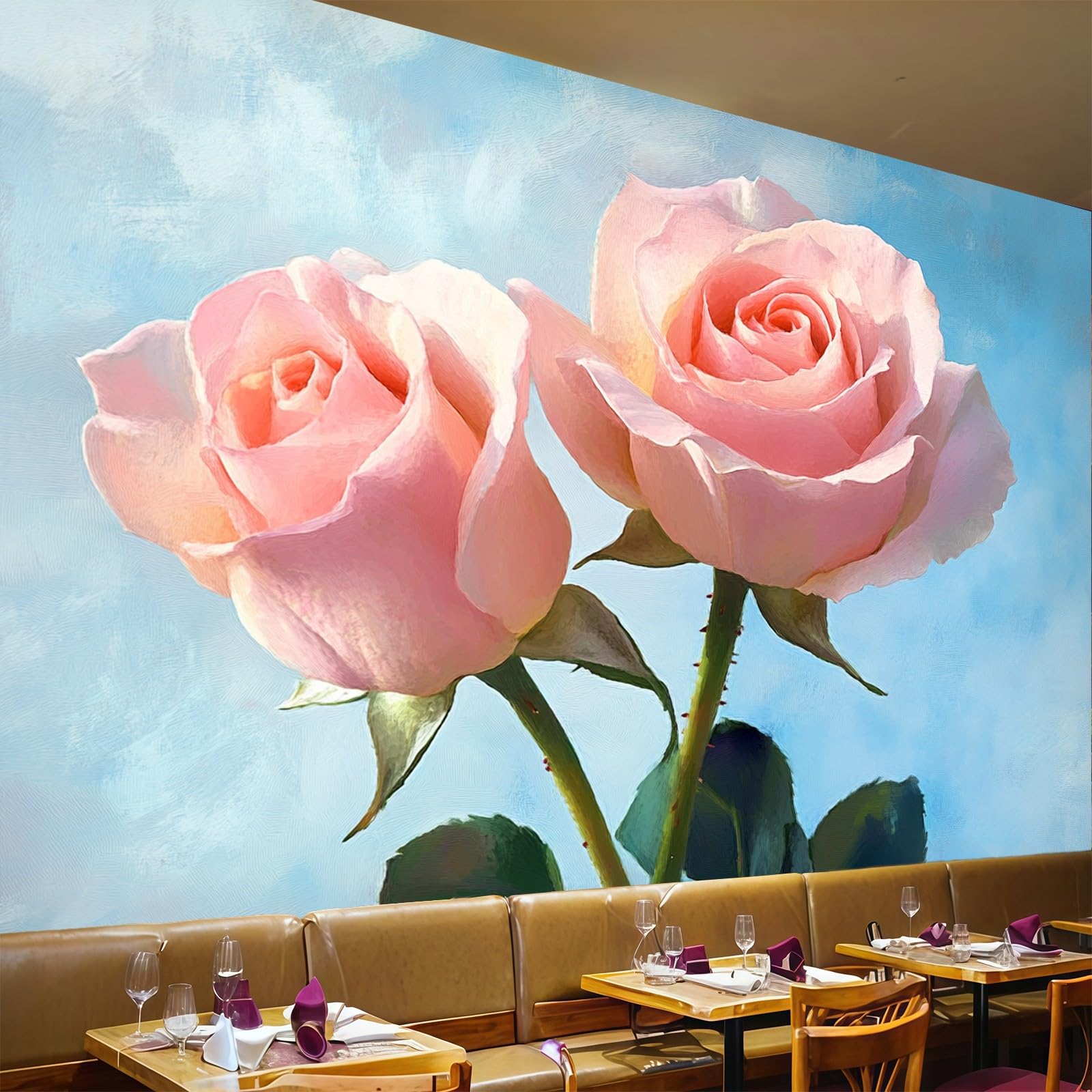Papel pintado panorámico flor rosa para decorar un salón moderno y acogedor