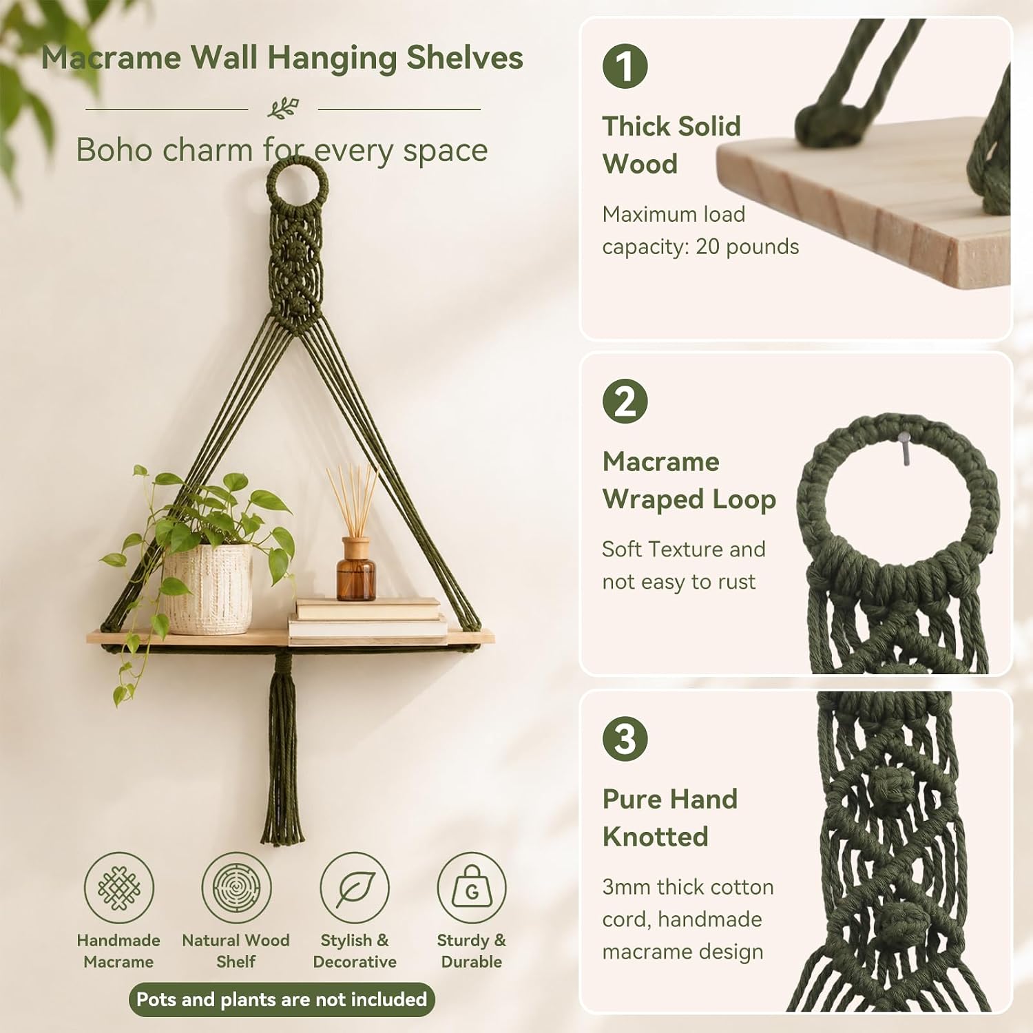 Artilady Macrame Wall Hanging Shelf, Green Wall Decor, Bedroom Storage | 2 Pack Plant Shelf, Crystal Candle Holder for Small Space, Stable Adjustable Length, Rustic Bedroom Living Room Decor