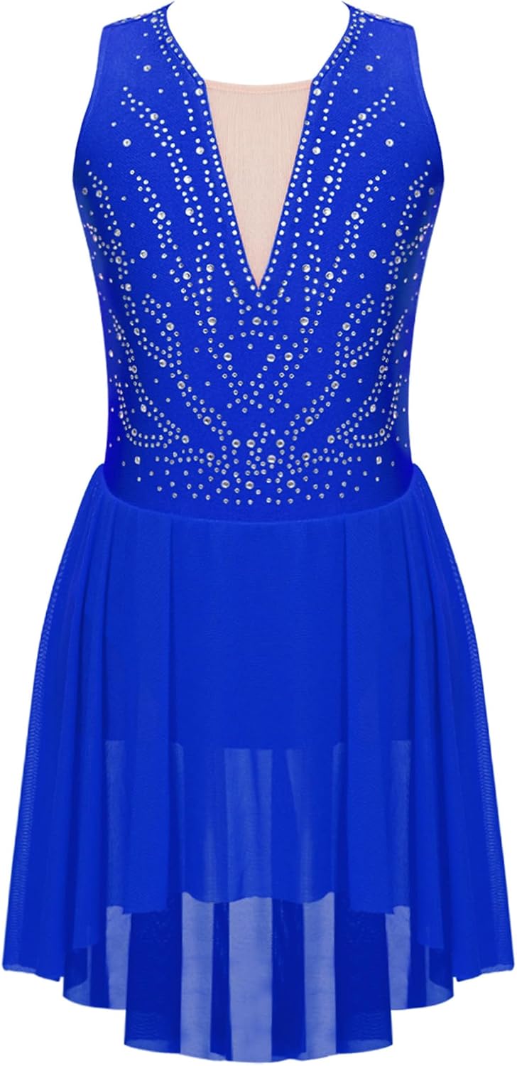 JEATHA Kids Girls Rhinestone Figure Skating Dress Ballroom Dance Competition Costume Ballet Tulle Skirt Leotard