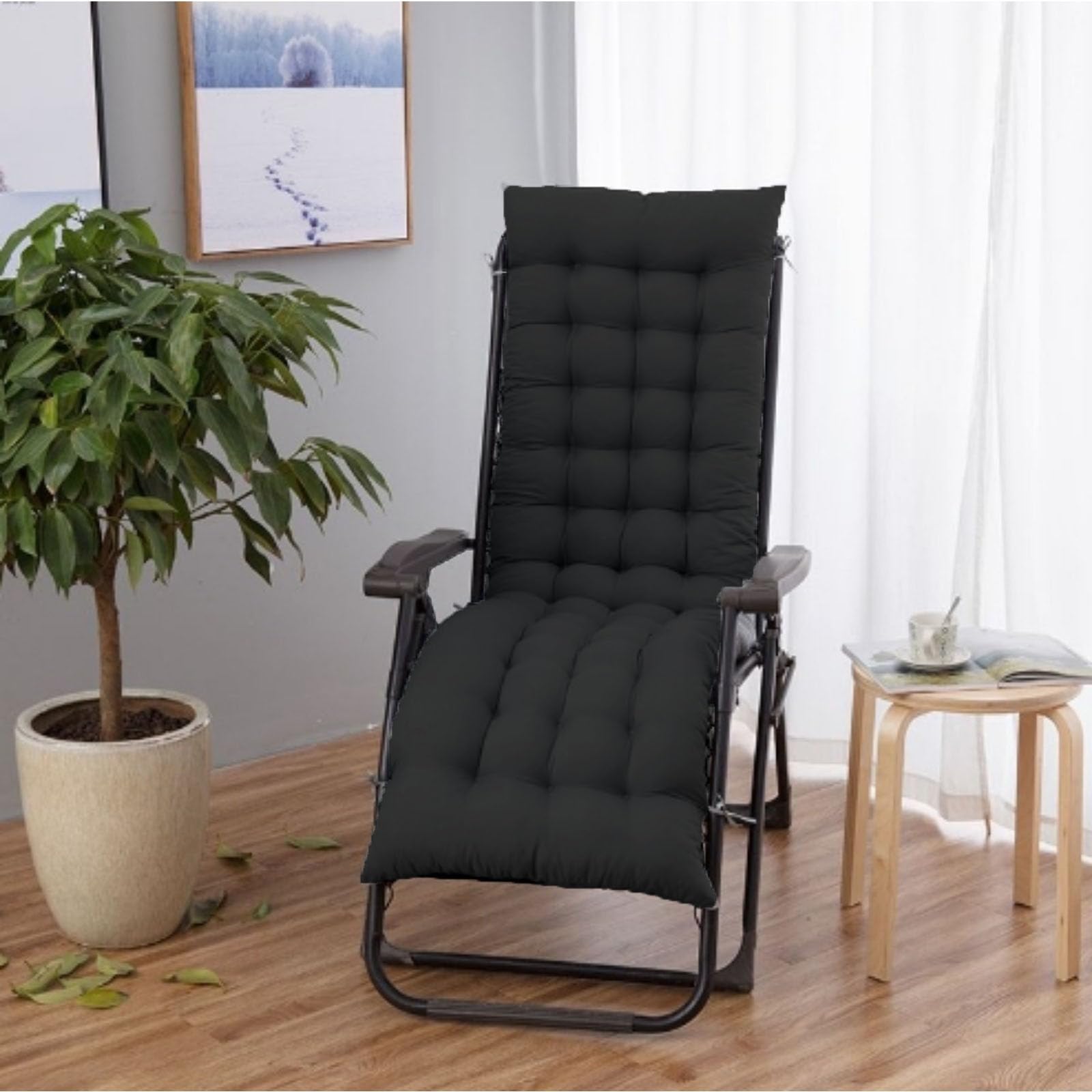 BangDon Solid Color Sun Lounger Cushion Portable Garden Patio Thick Padded Bed Rocking Chair Cushion with Anti-slip Straps for Travel Holiday (Black,180 * 40cm)