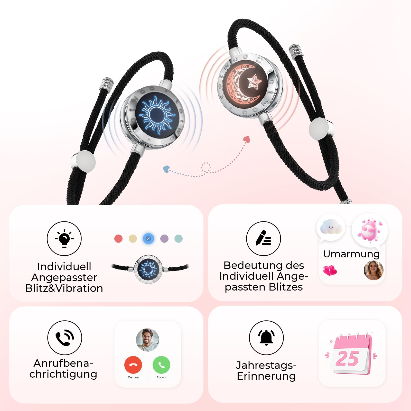 TOTWOO Bracciali per Coppie con Collegamento Bluetooth Uno a Uno tramite App, Luci e Vibrazione al Tocco – Regalo Romantico per San Valentino e Relazioni a Distanza in Acciaio Inossidabile 316L