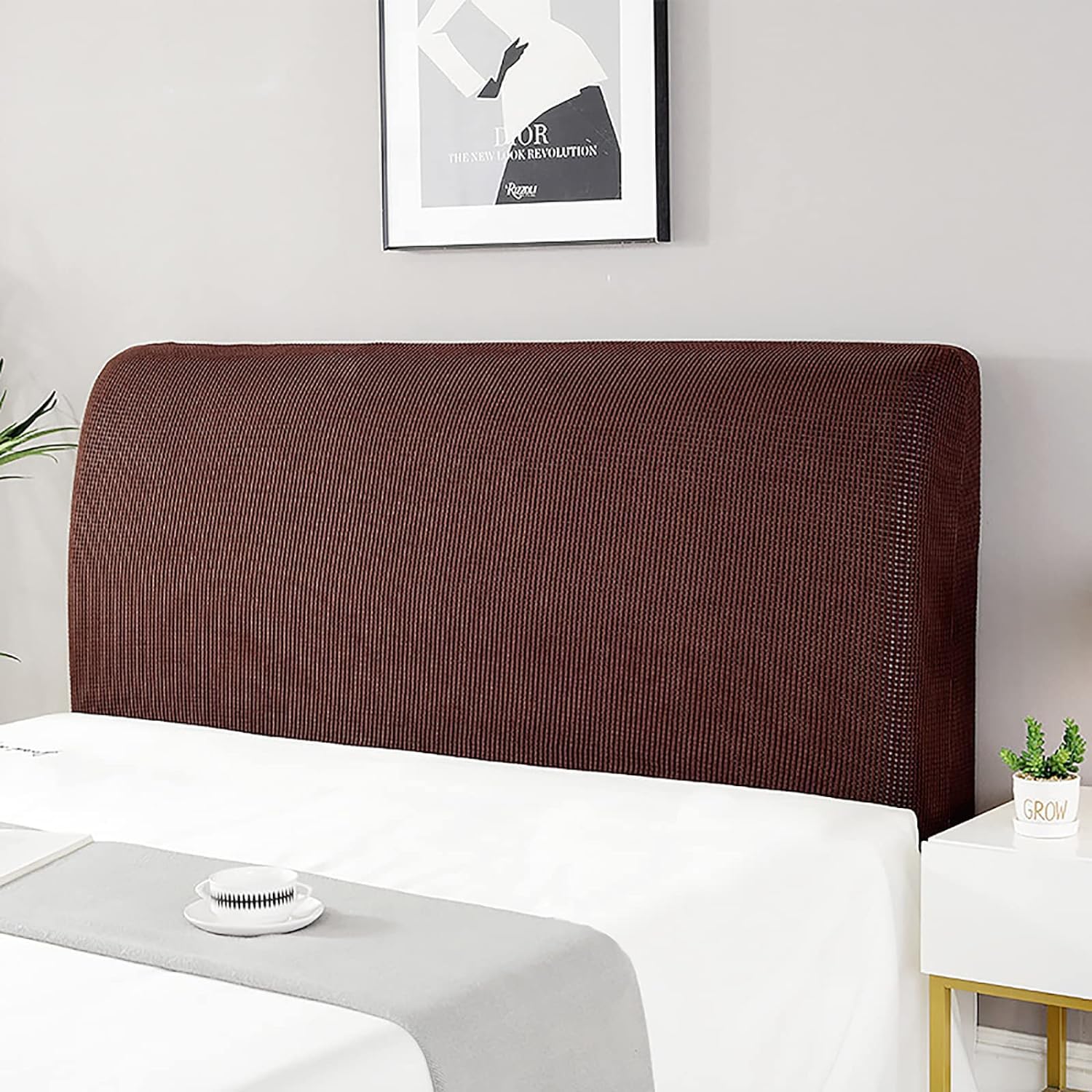 Devink Brown 1 Spandex Fabric Elastic Stretch Slipcover Headboard Cover - Dustproof Protector, Single/Double (120Cm, 110-130Cm), Padded Bed Lining