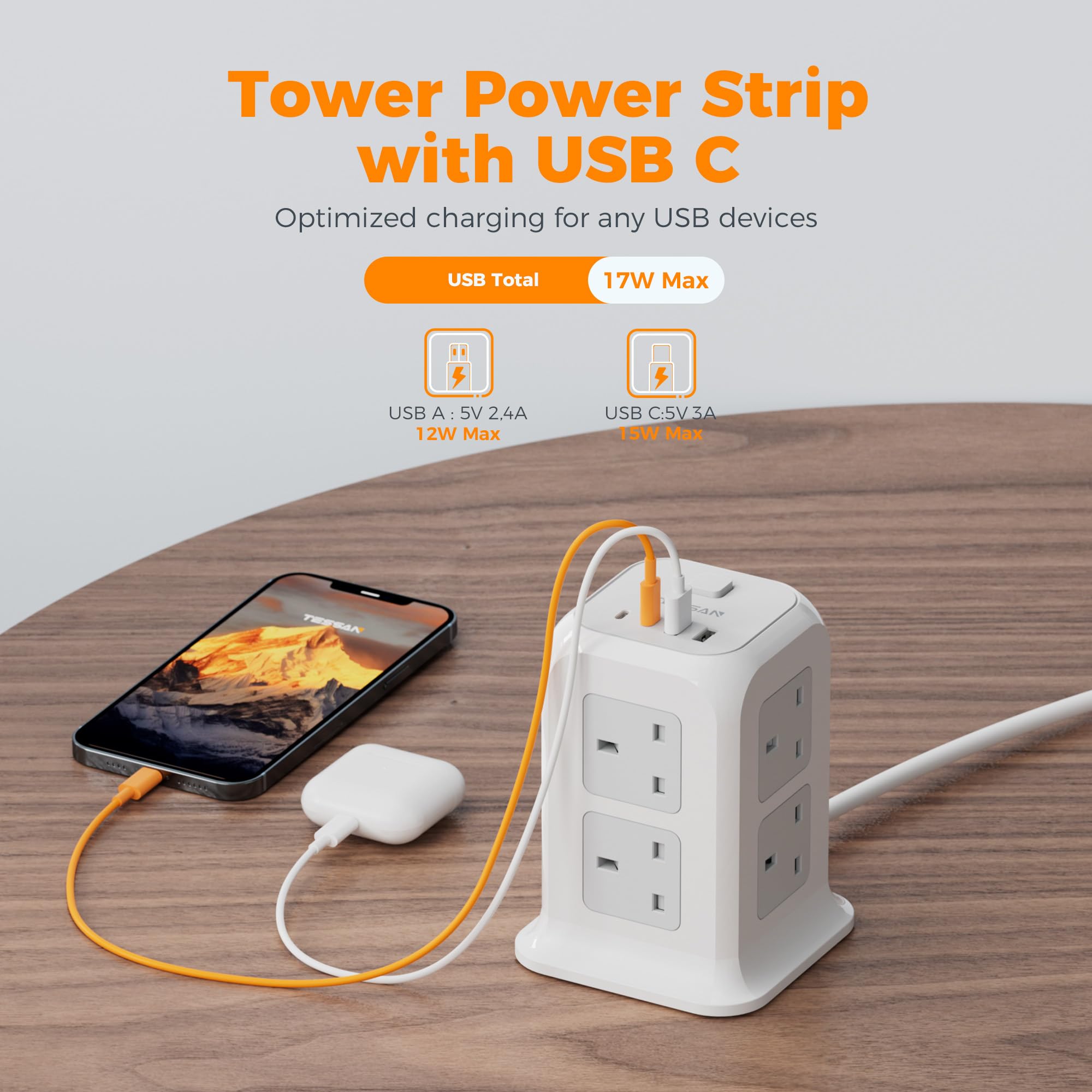 TESSAN Tower Extension Lead 4 USB Slots (2 USB C), Extension Lead 13A 3250W, 8 Way Multi Plug Socket Power Strip with Switch, Multiplug Adaptor with 2M Cable for Home, Office, School — view 3