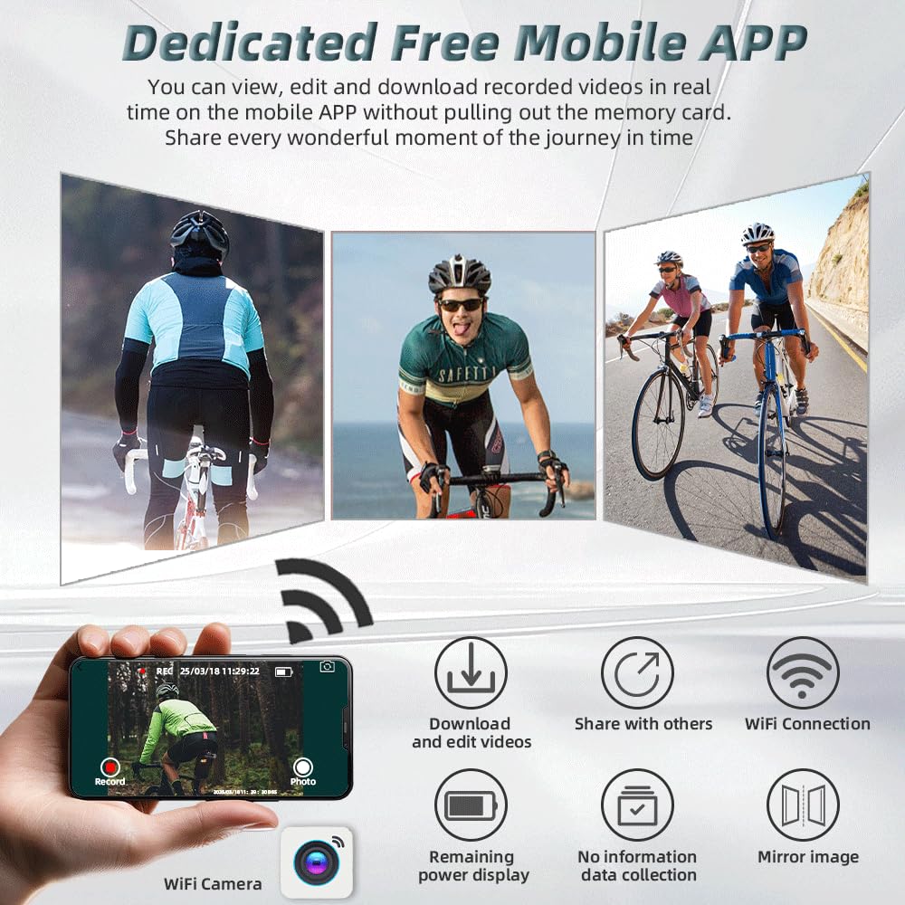 VSYSTO Fahrradkamera Rückfahrkamera, HD 1080P Action Kamera, 150° Weitwinkel Sport Action Kamera wasserdichte, Starlight Nachtsicht, Schleifenaufzeichnung, G-Sensor, WiFi(Schwarz-WD)