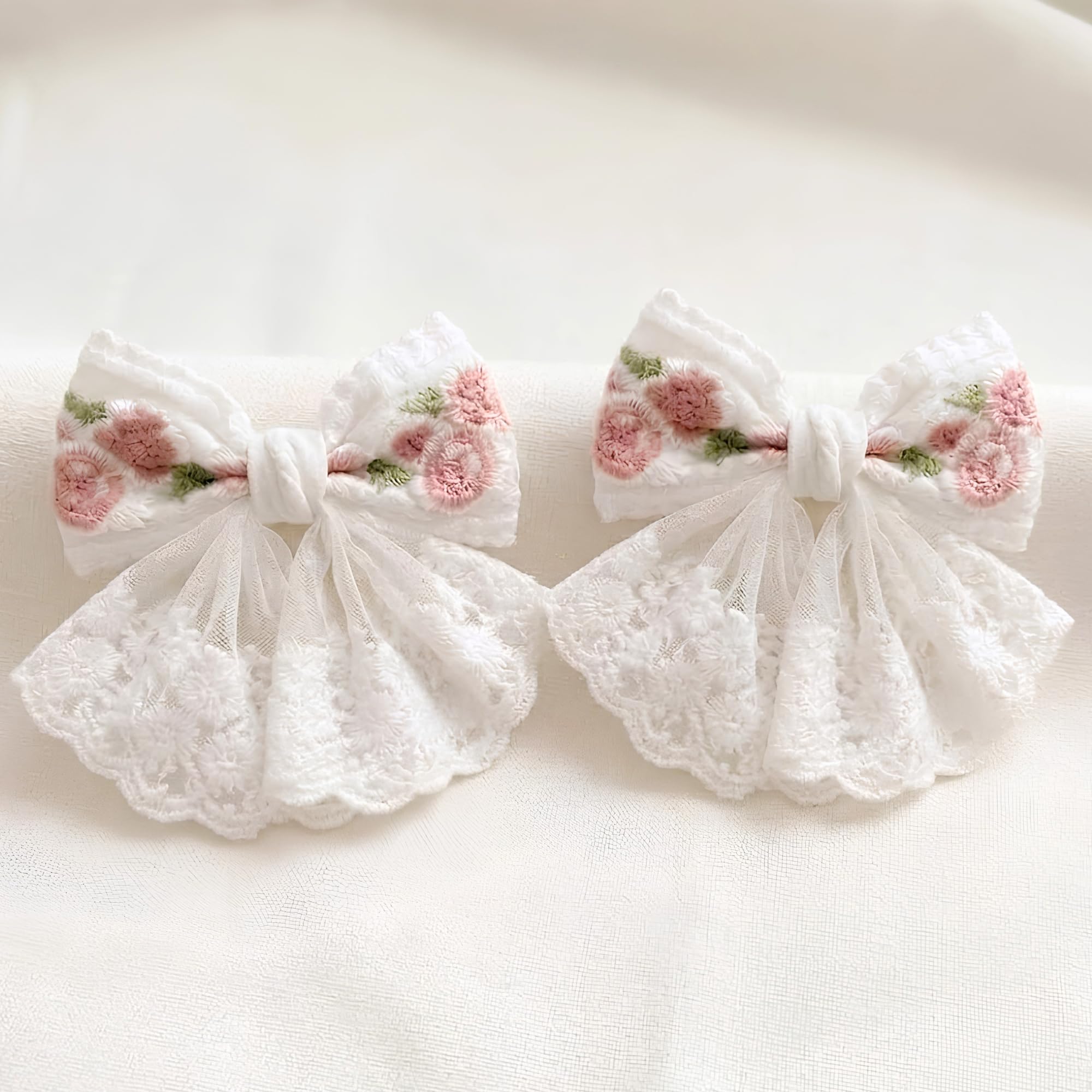 Giggles Boo Premium Floral Bow Hair Clips Set of 2 | White Lace Decorative Barrettes with Strong Grip | Party & Daily Wear Hair Accessory-image-45