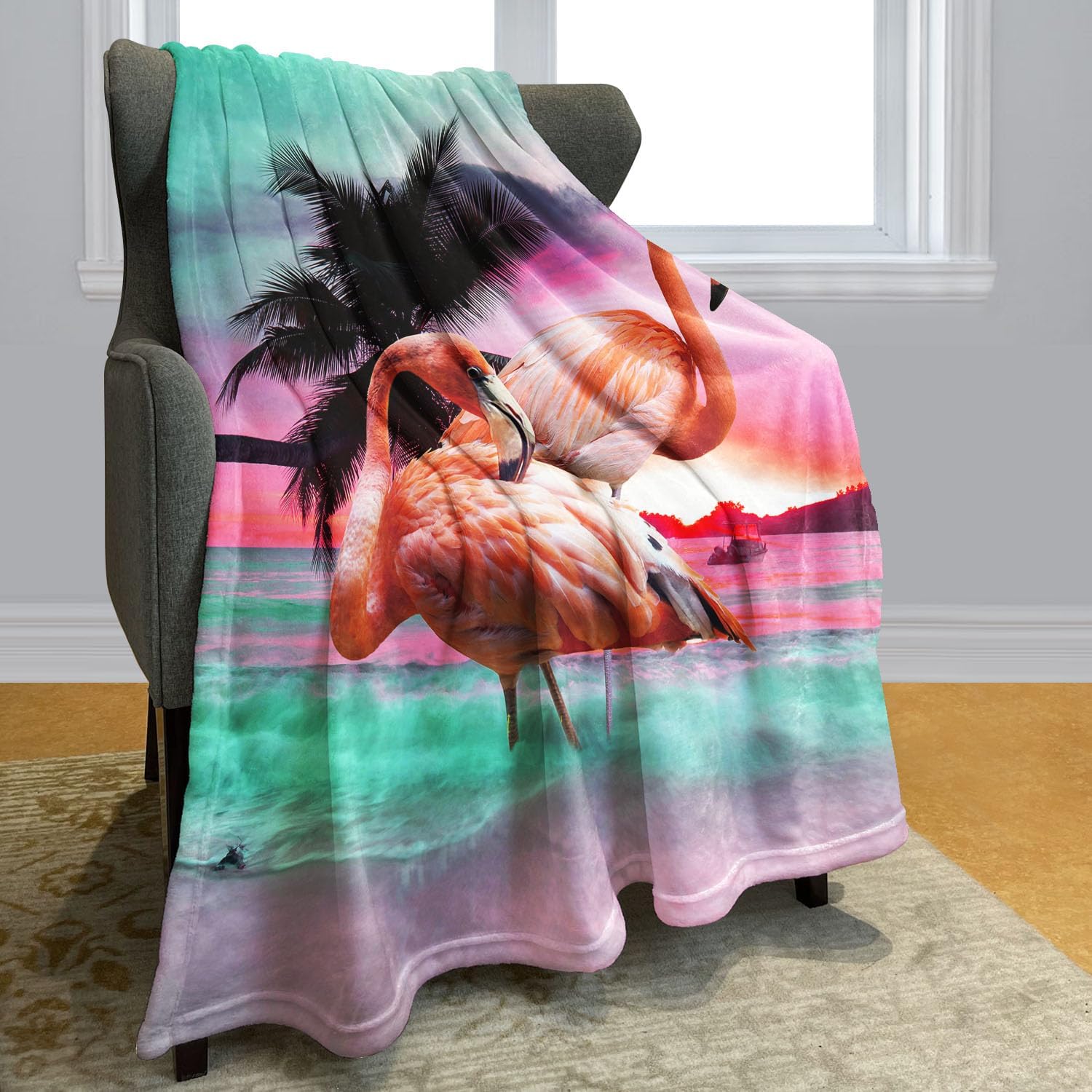 Beautiful Flamingo Throw Blankets 50" x 60" Fleece Blanket with Animal Beach Sea for Sofa Bed Pink