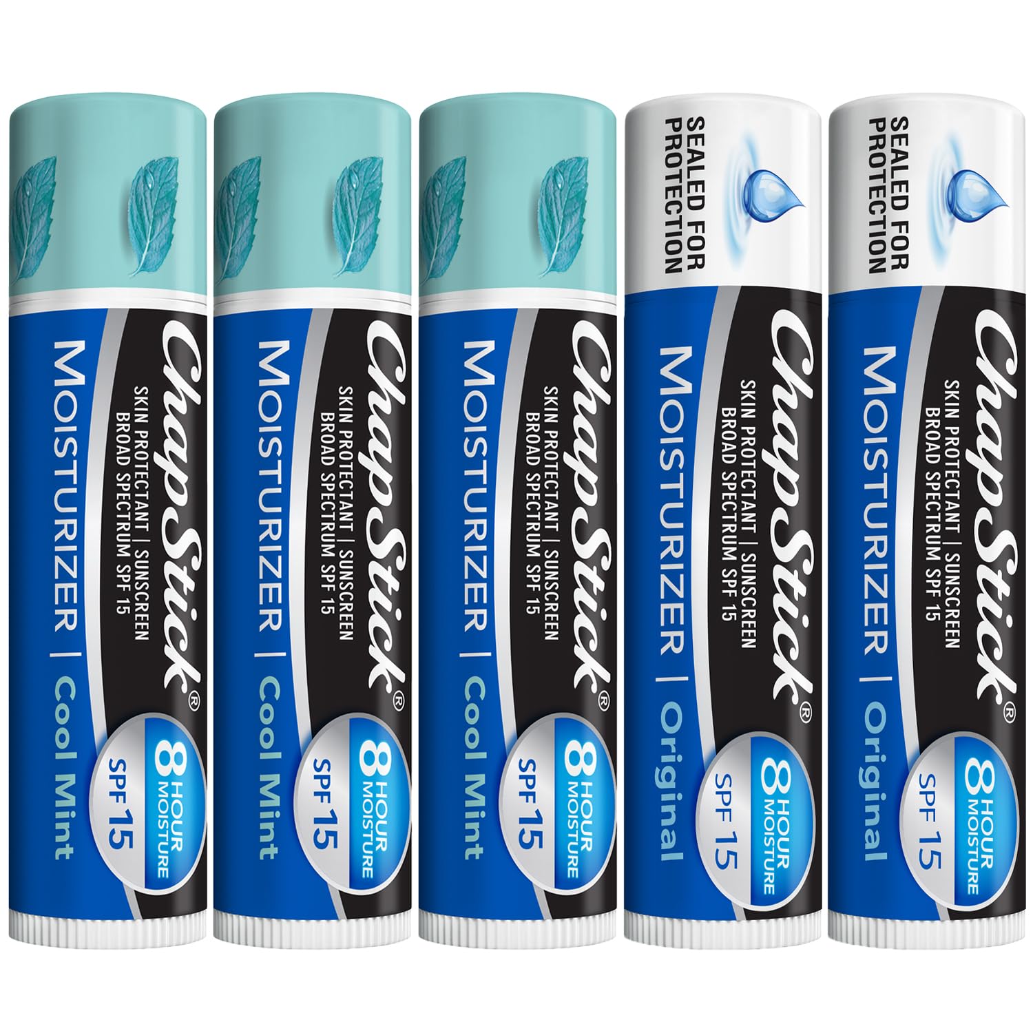 ChapStick Lip Balm Moisturizer 2-in-1 Lipcare SPF 15 Bundle – Cool Mint 3-Pack + Original 2-Pack, 0.15 Oz Ea (5 Piece Set)