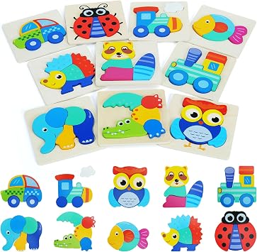 QZMTOY Toddler Puzzles 10 Pack Wooden Puzzles for Toddlers,Montessori Puzzles for 1-3 2-4 Year Old,Infant Baby Learning Toys,Animal Vehicle Shape Jigsaw Puzzles Gift for Boys Girls-Large 3D Blocks...