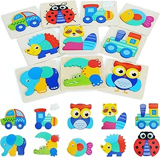 QZMTOY Wooden Toddler Puzzles,Montessori Toys for 1 2 3 Years Old Boys Girls, Kids Infant Baby Educational Learning Toys for Toddlers 1-3 Gift, Animal Vehicle Shape Jigsaw Puzzlesï¼ˆ10 in1 ï¼‰