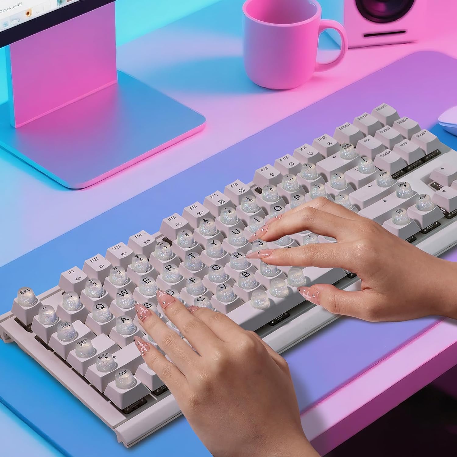Raised Keyboard Stickers for Long Nails, Bling Keyboard Bubbles for Women with Letters, Soft Silicone Nail Art Typing Keycaps for Desktops (Clear, 64pcs)