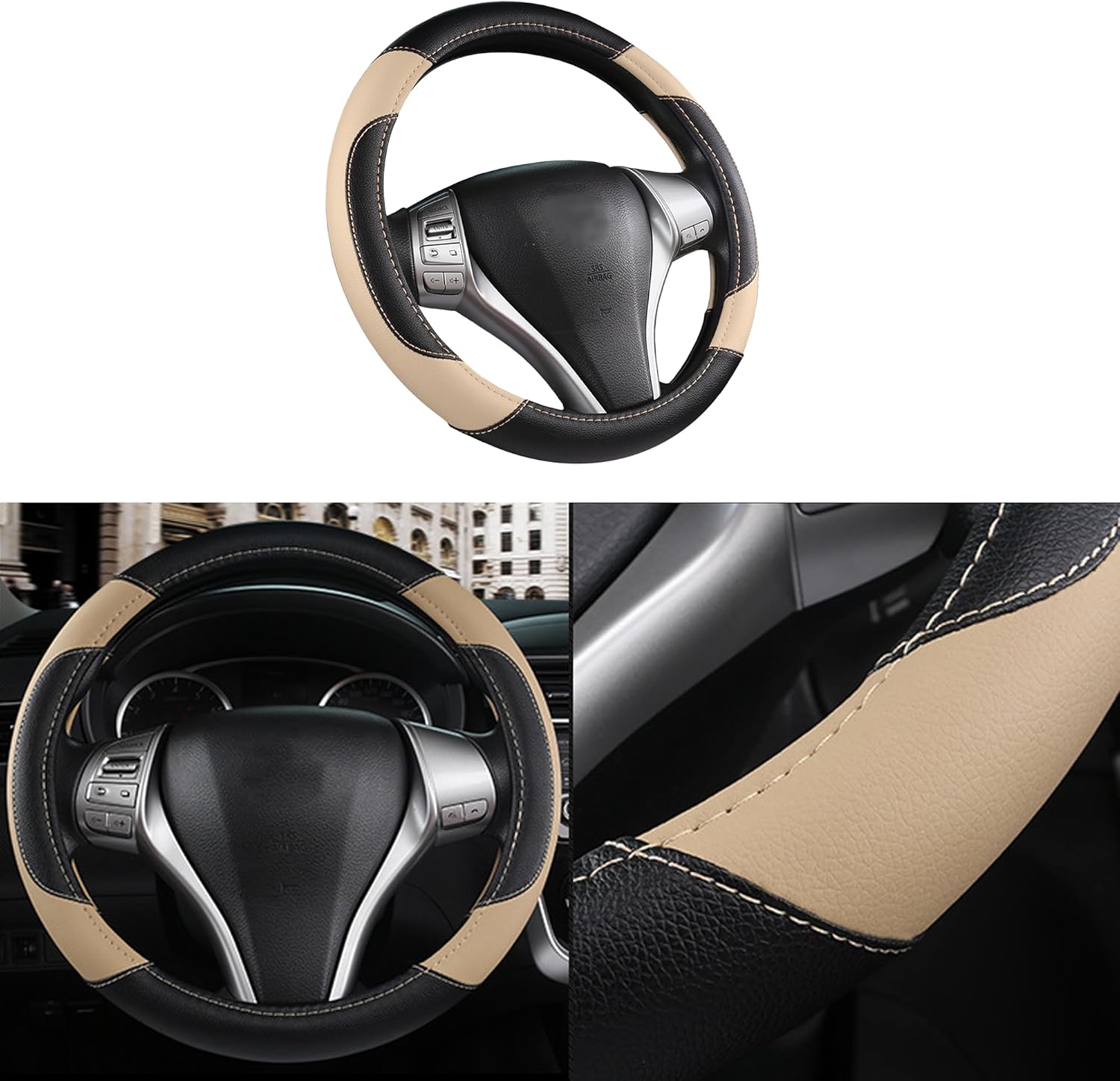 Leather Car Steering Wheel Cover, Universal 15 Inch Car Steering Wheel Protector for Women Men, Breathable Anti-Slip and Durable, Car Interior Accessories for Most Cars (Beige)