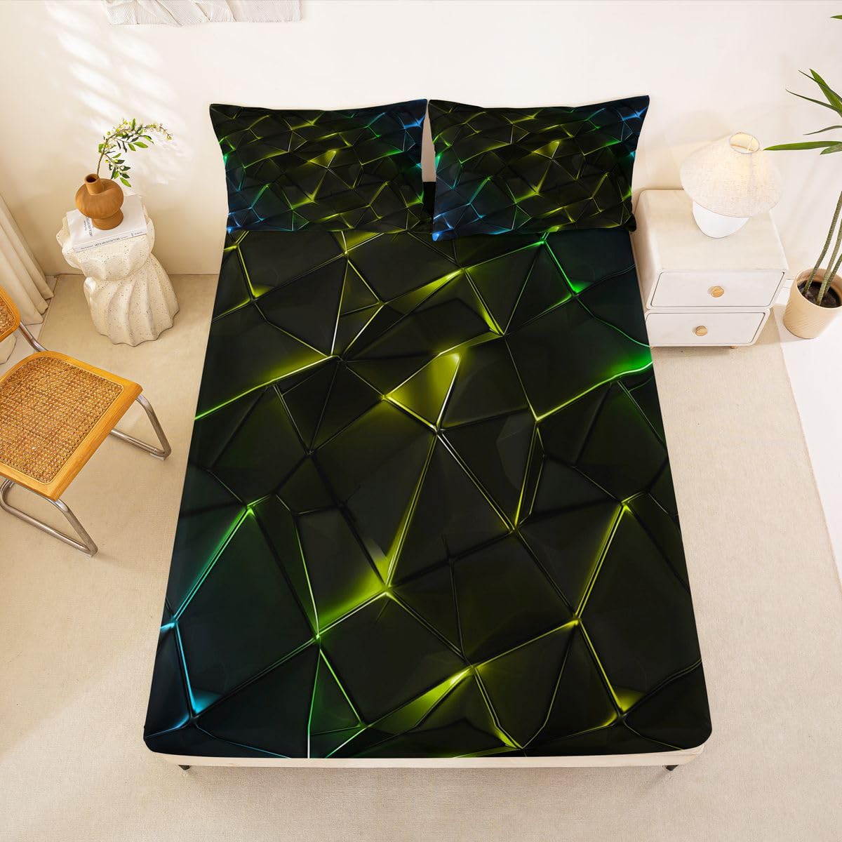 Homewish Geometryczne Crack Prześcieradła King Ombre Rock Wzór Żółte Dopasowane Prześcieradło Gradient Abstrakcyjne Linie Zestaw Pościeli, Nowoczesna Linia Świecąca Narzuta Na Łóżko 3 Szt