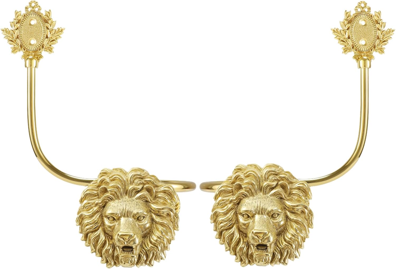 2 Pcs Vintage Heavy Duty Gold Brass Lion Head Curtain Tiebacks, Wall Mounted Handcrafted Animal Sculpture Curtain Holdbacks, Decorative Curtain Hooks for Living Room、 Bedroom and Home Office