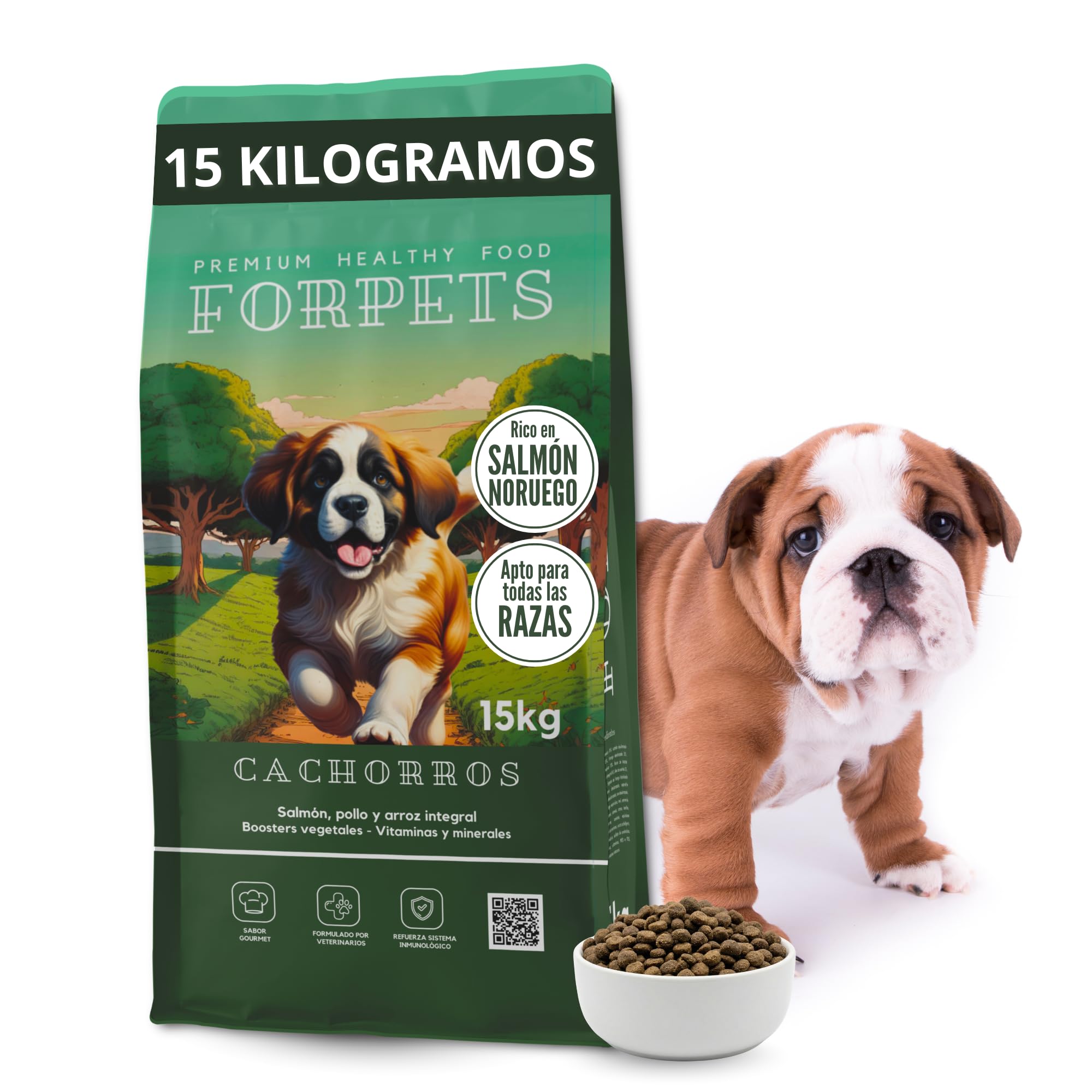 Pienso para Cachorros 15 kg | Salmón, Pollo y Arroz Integral | Digestión Sensible y Crecimiento Saludable | Sin Gluten, Alto en Proteína | Razas Pequeñas, Medianas y Grandes | FORPETS