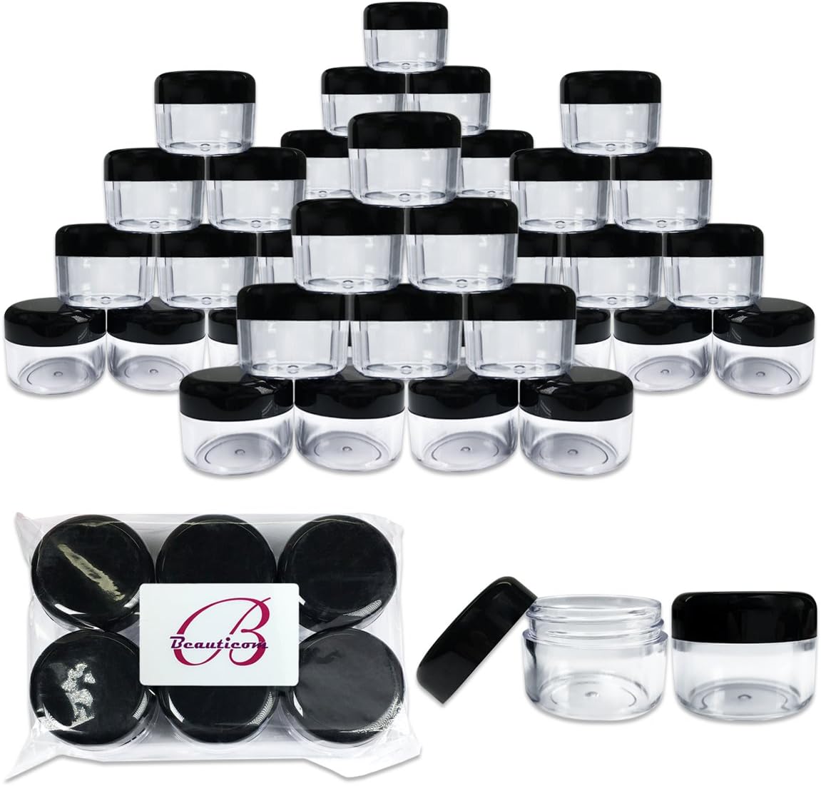 Beauticom 42 Pieces 30 Gram 30 ML (1 Ounce) Round Clear Jars with Black Screw Cap Lid for Lip Gloss, Lip Balm, Hand Butter, Beard Wax, Scrubs, Lotions - BPA Free