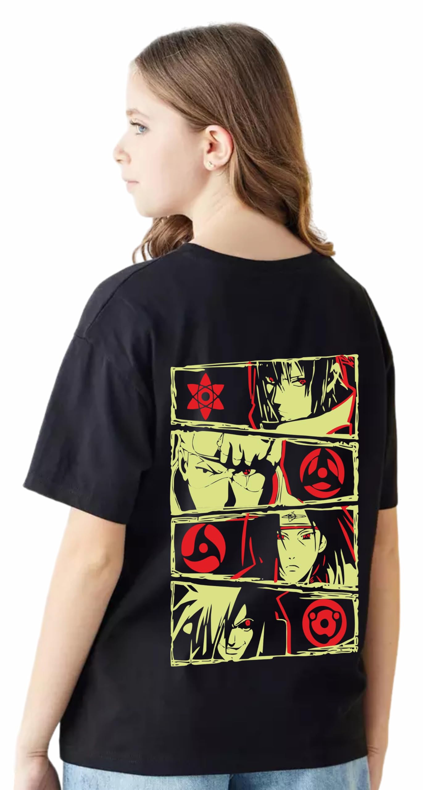 Uniplanet Store Camiseta de algodón de media manga, ajuste normal, color negro, Five Anime Story, camiseta para niña, estampado en la espalda