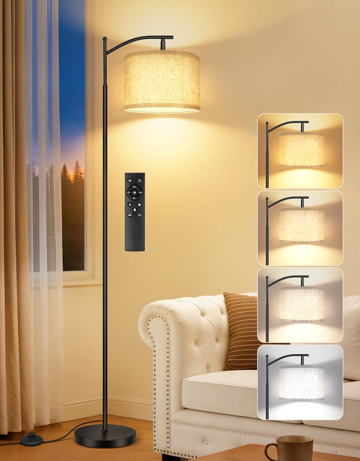OUTON Lampada da Terra Dimmerabile Continuo 3000K-6500K, LED con Telecomando Magnetico e Pedale, Timer 1H e Memoria, Testa Rotante 90°, Paralume in Lino Bambù, 9W, per Soggiorno Camera Ufficio