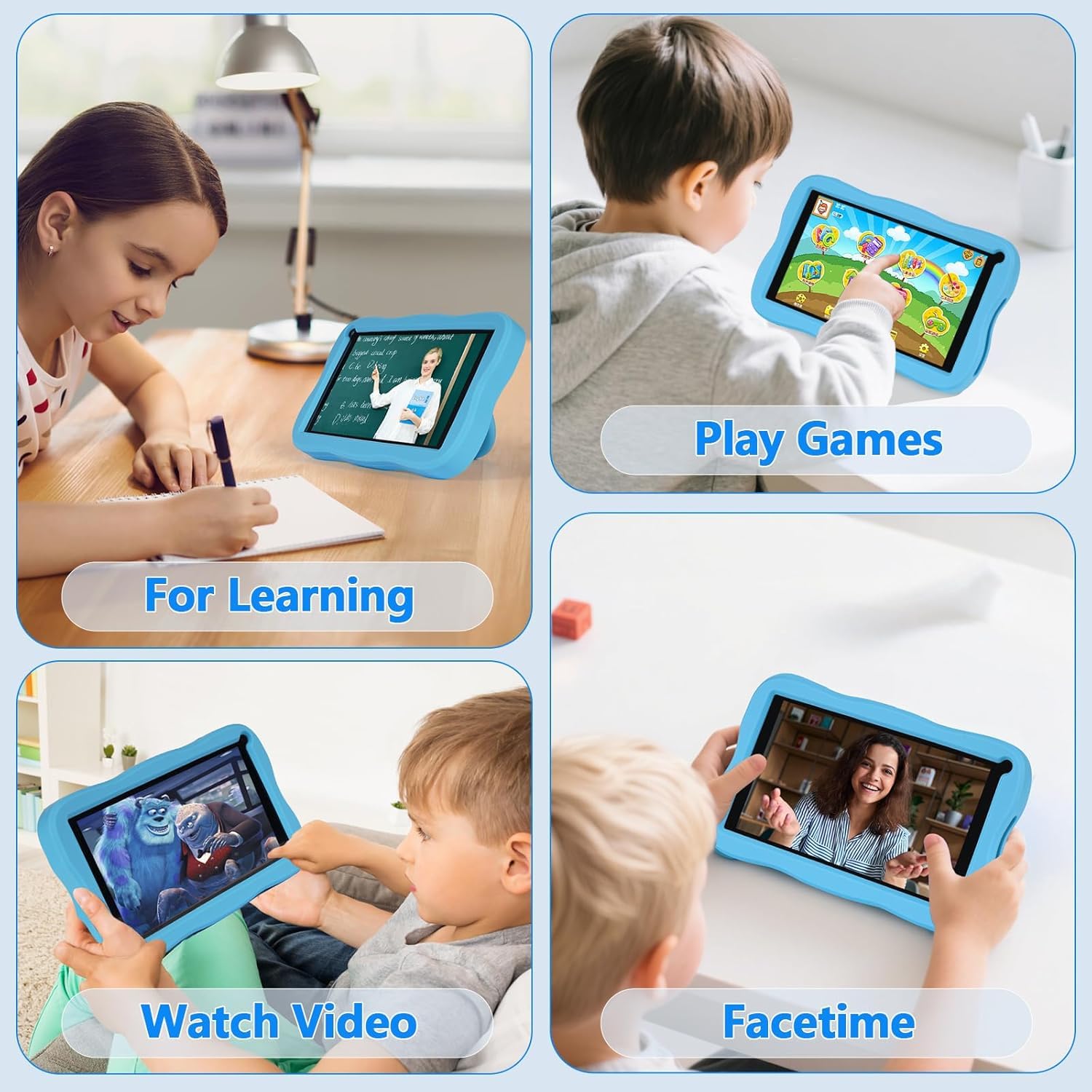 SUMTAB Tablet Bambini 7 Pollici con Controllo Parentale, Android 13 Tablette, 8 GB RAM 64GB ROM (256 GB Estensione) Bluetooth, WiFi,Tablet per Bambini con Custodia(Blu)