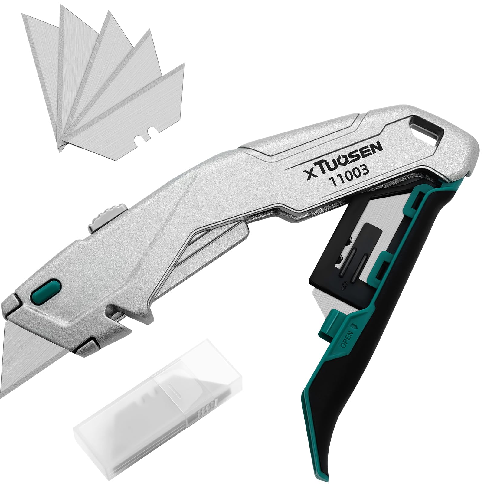 Cuchillo para Moquetas, Cutter Plegable Universal con Mango de Aluminio Antideslizante, 10 Cuchillas Adicionales, Bloqueo de 3 Posiciones Cutter Profesional