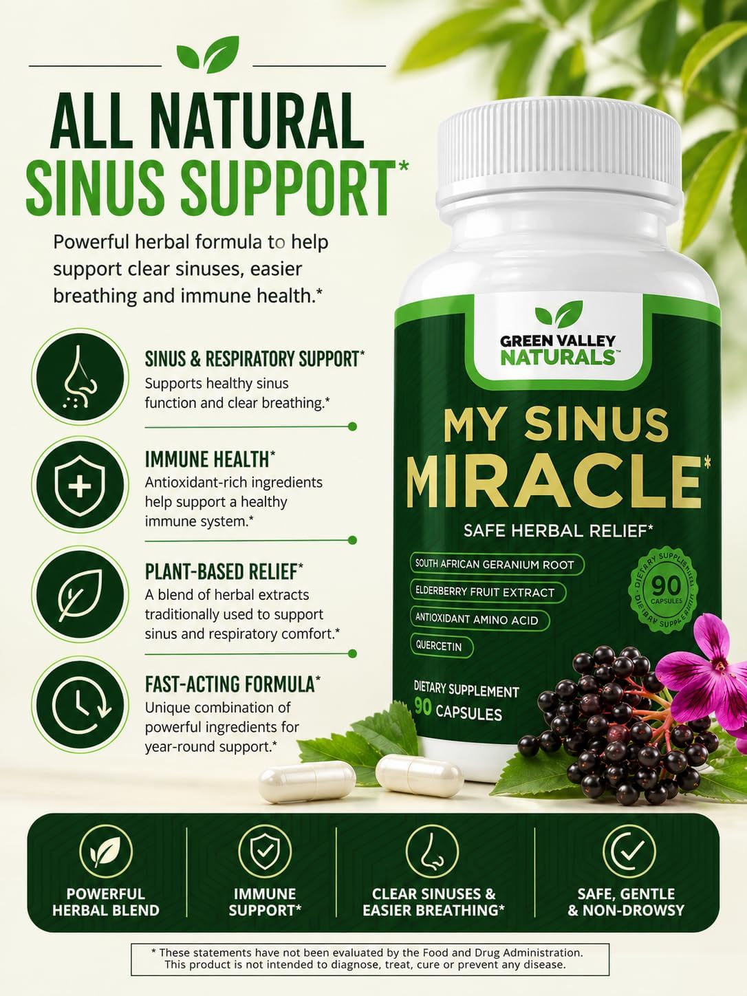 GREEN VALLEY NATURALS My Sinus Miracle – Sinus & Nasal Support Supplement with South African Geranium, Quercetin, Elderberry & NAC | Respiratory & Seasonal Support | 90 Capsules