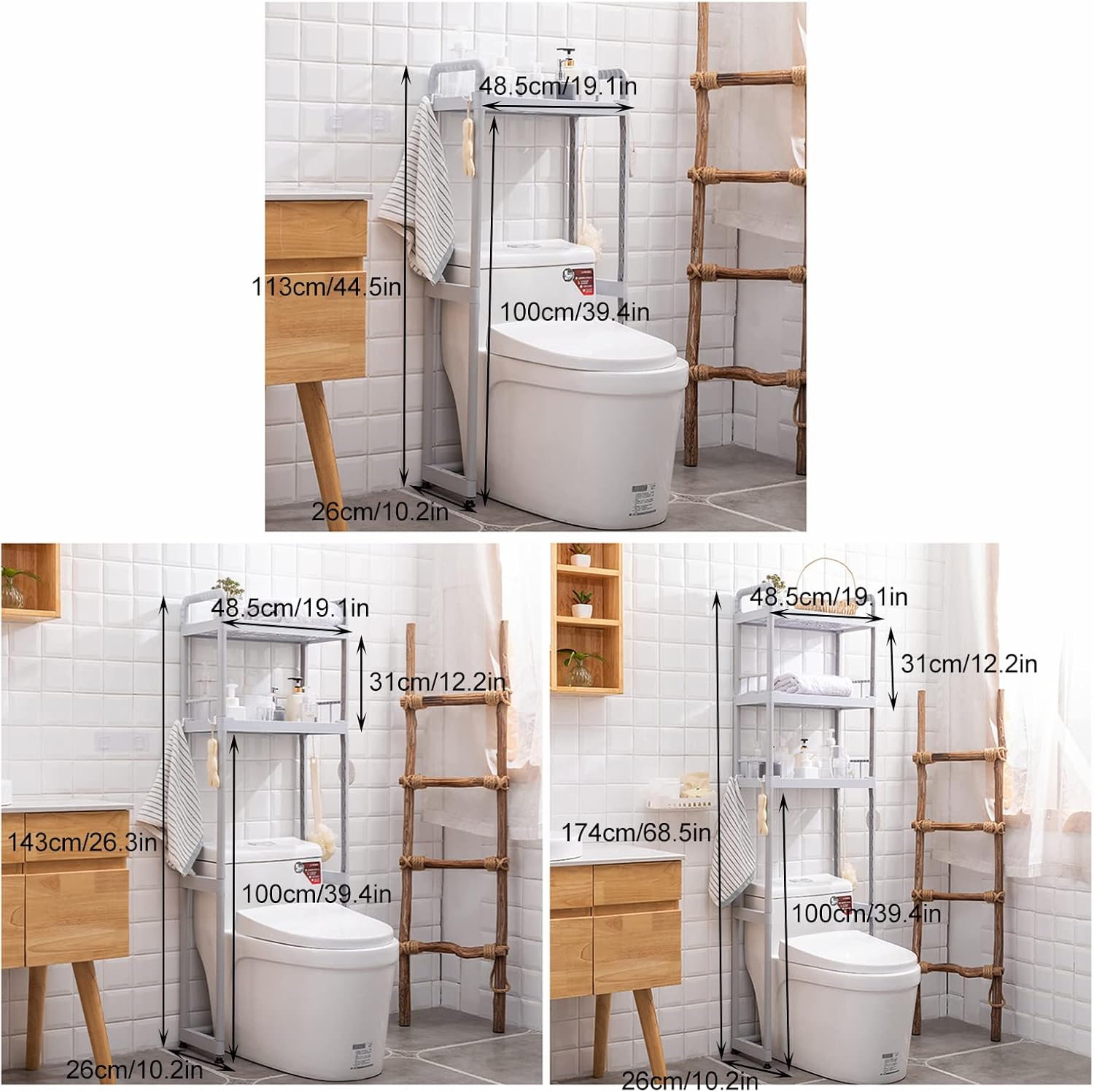 Over The Toilet Storage 3 Tier Shelf Bathroom Organizer for Small Room Freestanding Space Saver with Hooks and Sticky Patch Bottom Hollow Ventilation Gray ()