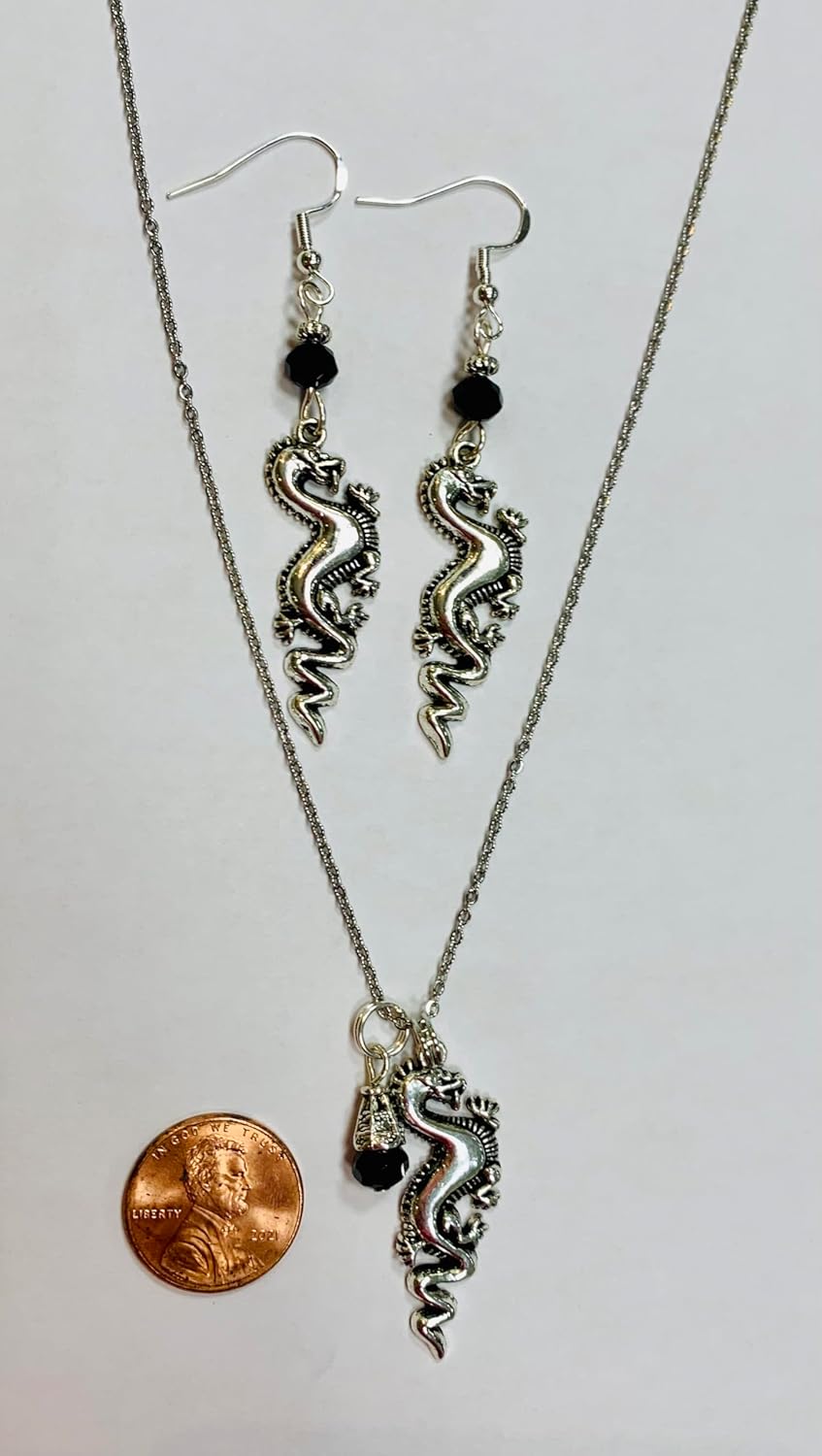 Dragon Fantasy Necklace & Earring Set, with jet faceted accent beads, on sterling silver earwires and a 20 inch stainless steel chain - Image 2