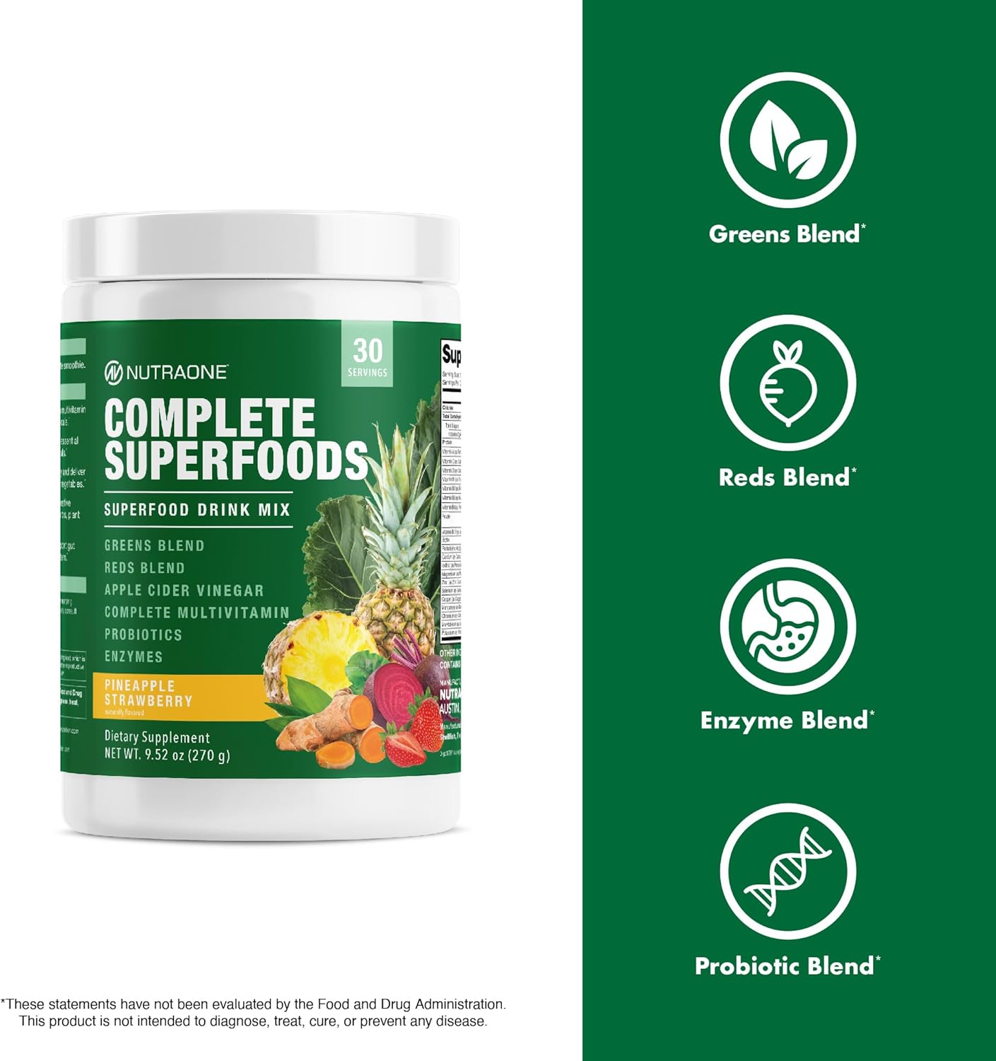Complete Superfoods, Greens & Reds Blend*, Apple Cider Vinegar, Digestive Enzyme Blend*, Probiotic Blend*, Multivitamin* (Pineapple Strawberry - 30 Servings) (Cannister, Pineapple Strawberry)