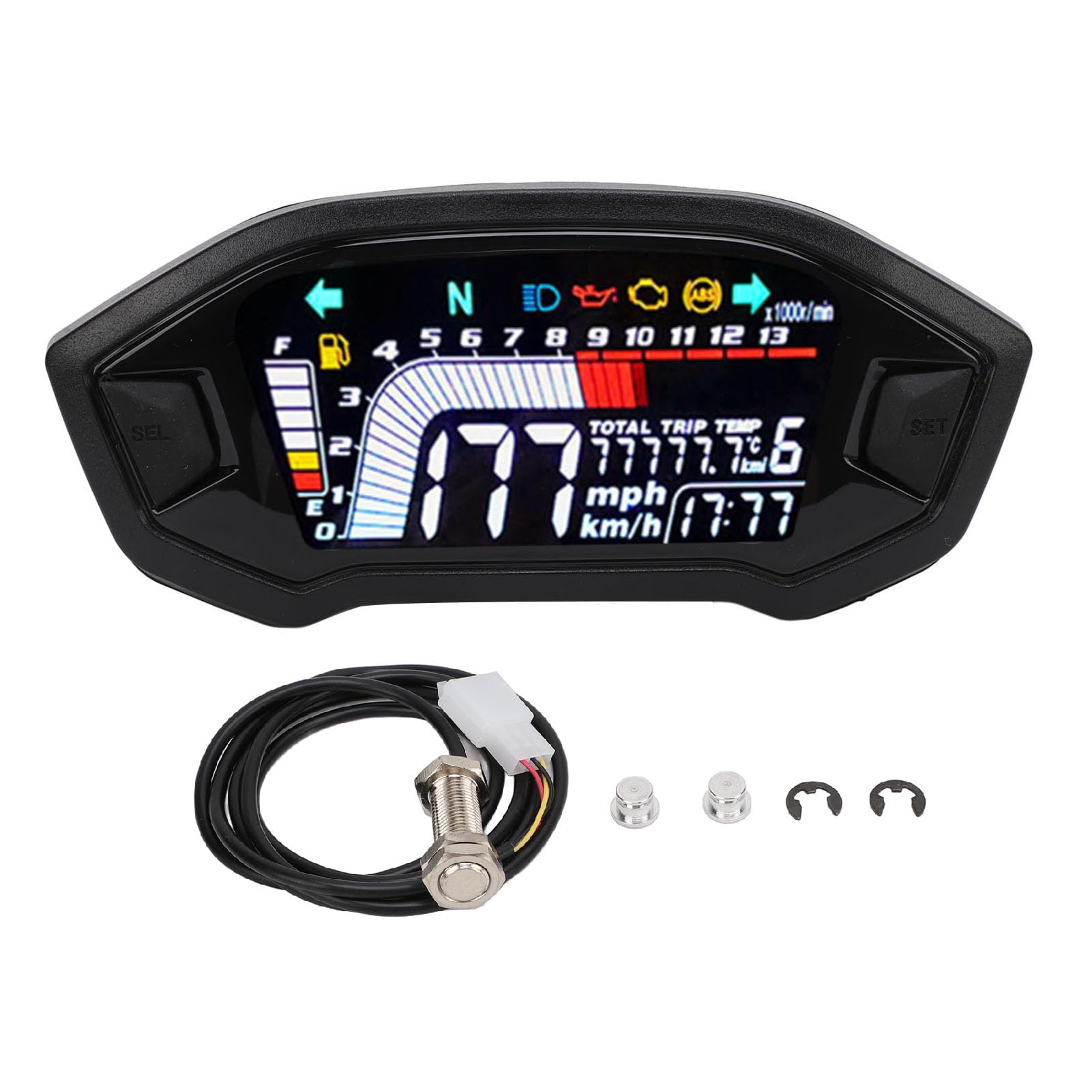 Tachimetro Digitale per Moto Contagiri Contachilometri per Moto Universale 8-12 V con Display Trasparente Adatto per 1 2 4 Cilindri (Con sensori)