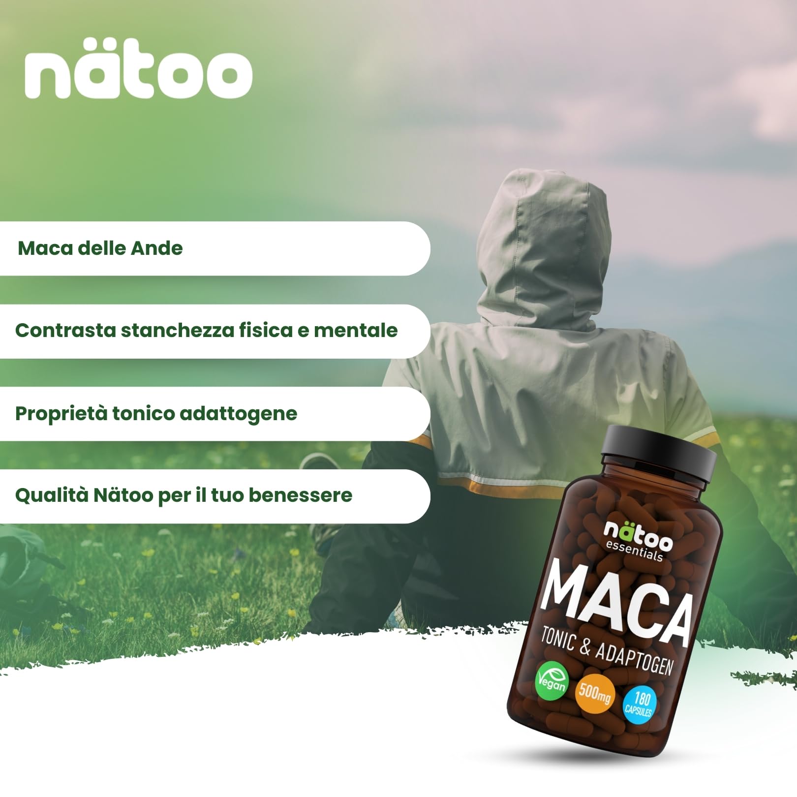 NÄTOO Essentials Maca 500mg 180 CPS Vegetali - Integratori Stanchezza con Maca Peruviana delle Ande (Ginseng Peruviano), Maca Forte con proprietà tonico adattogene, radice di Maca