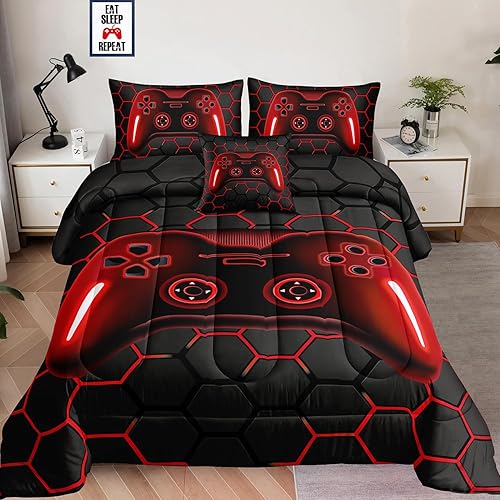 Miniatura 10 de Juego de ropa de cama de 6 piezas para niños, tamaño Queen, juego de edredón de videojuegos para niños y niños, juego de edredón de juegos para
