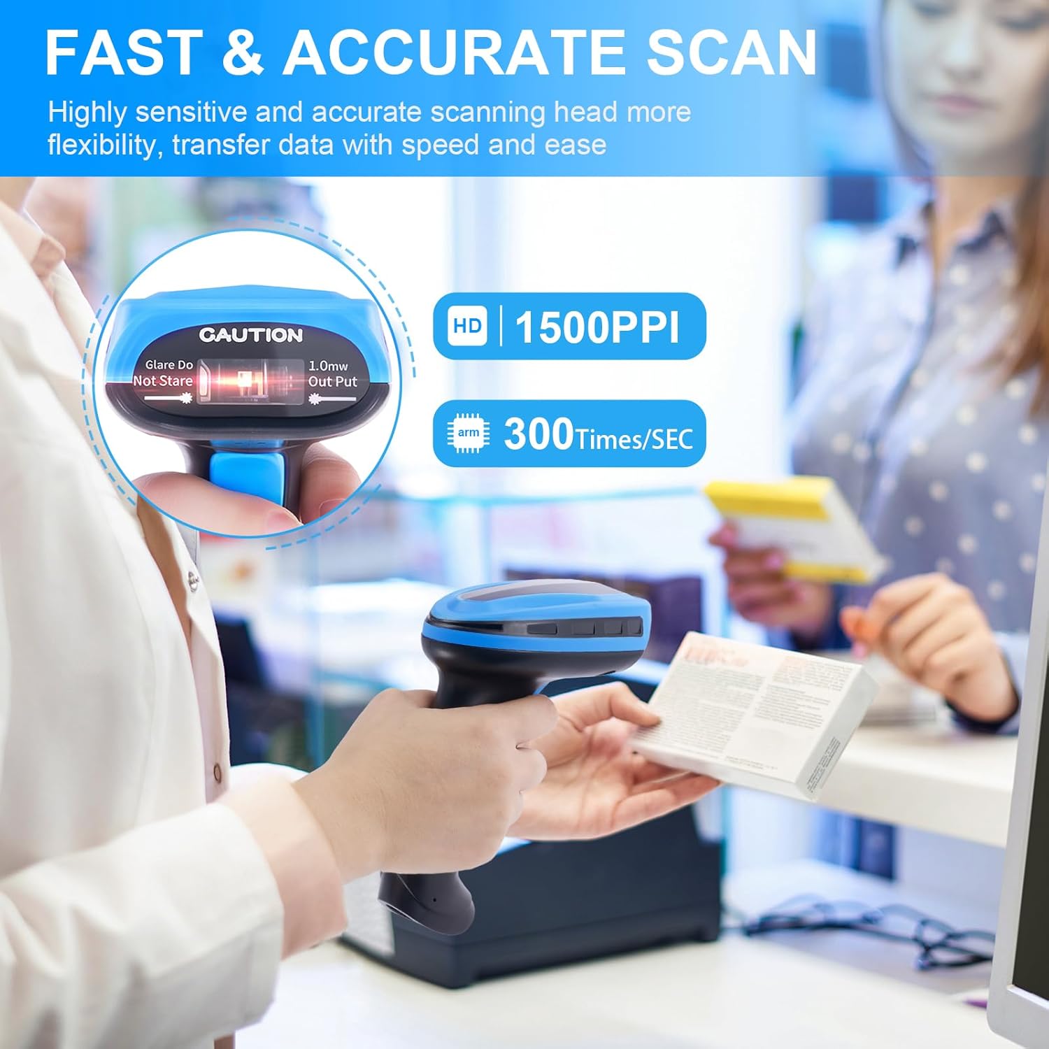 Barcode Scanner Wireless, Rechargeable 1D Laser Bar Code Scanners, Handheld Barcode Scanner Versatile 2 in 1 2.4Ghz Wireless and USB 2.0 Wired