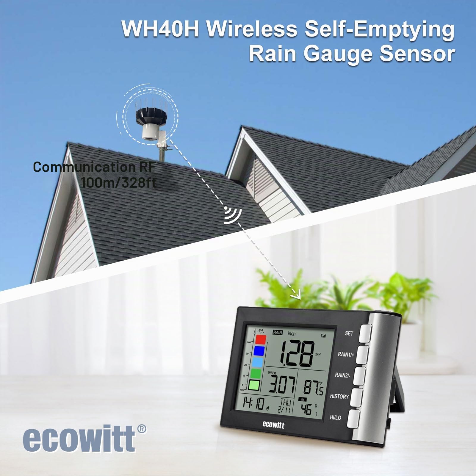 ECOWITT WH5360H Pluviomètre numérique 3 en 1 de haute précision pour la maison avec thermomètre et hygromètre intérieur, pluviomètre d'extérieur pour enregistrer la quantité de précipitations avec pic