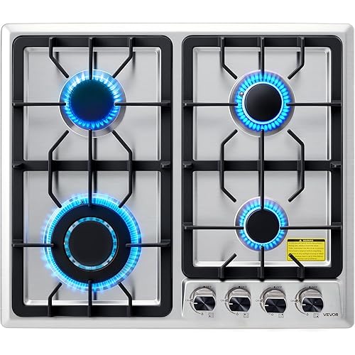 VEVOR 24 inch Gas Cooktop 4 Burners Gas Stove Top, Max 27000BTU Built-in Stainless Steel Stove Top LPG/NG Convertible Dual Fuel Cooktop Stoves with Thermocouple Protection for Kitchen Apartment Rvs
