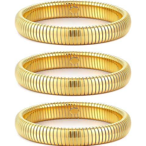 JUNYANGY Gold Bangles for Women Set of 3 Chunky Stretch Bangles Bracelets 24K Gold Plated Stainless Steel Bracelets Flexible Wide Stack Bracelets Designer Look Alike Jewelry for Women