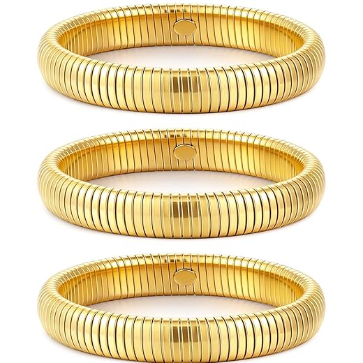 Gold Bangles for Women Set of 3 Chunky Stretch Bangles Bracelets 24K Gold Plated Stainless Steel Bracelets Flexible Wide Stack Bracelets Designer Look Alike Jewelry for Women
