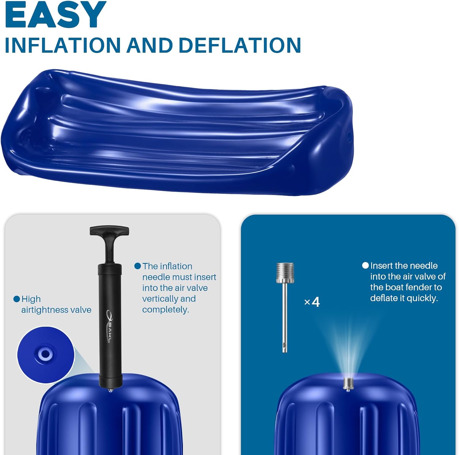 Boat Fenders 4 Pack 8 x 20 Inches Ribbed Center Hole Boat Fenders Bumpers for Docking, Comes with Ropes and Pump to Inflate