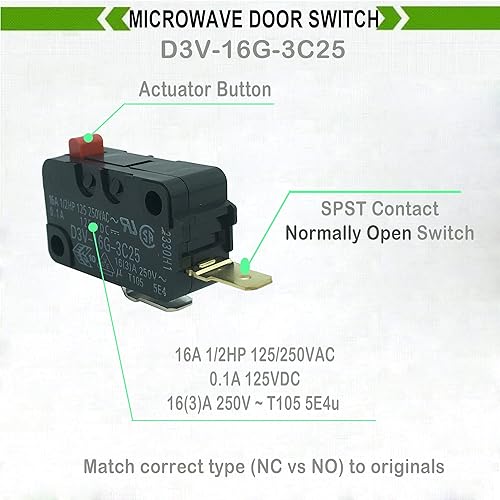 Miniatura 3 de LONYE WB24X829 D3V-16G-3C25 Reemplazo del interruptor de puerta de microondas para microondas GE Kenmore Frigidaire 5304440026 WB24X10029 (SPST-NO)