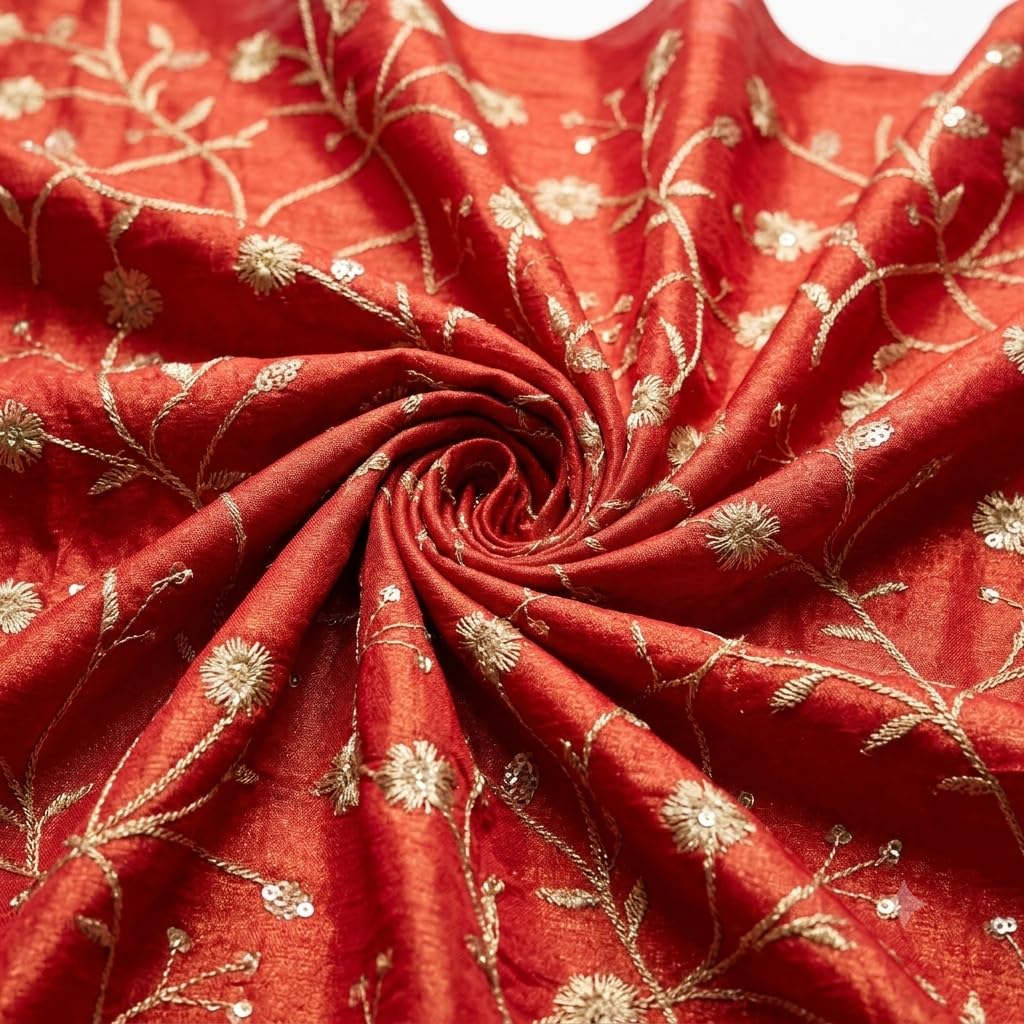 Women's Unstitched Bright Red Shining Dupion Silk Fabric | Golden Zari Embroidery | Premium 1meter Fabric for Blouse, Choli & God Poshak-image-10