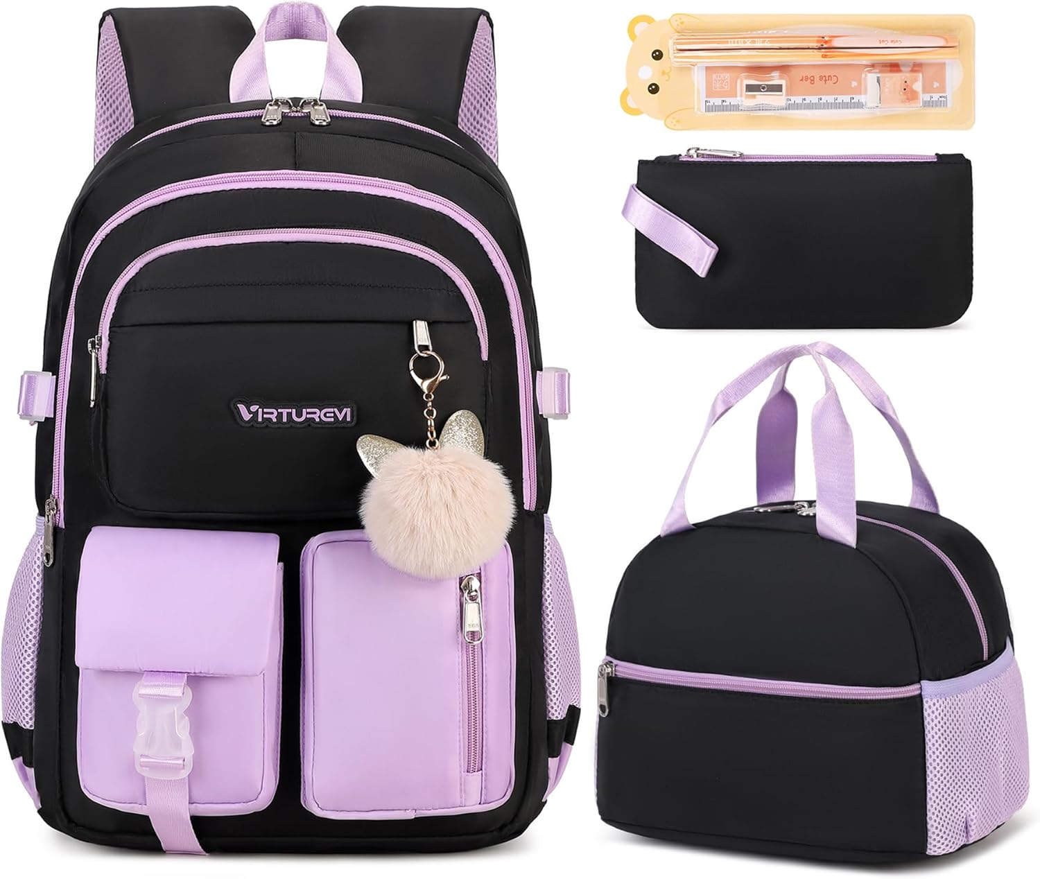 3PCS Backpack For School Women College Middle High Teen Girls Student Bookbag Waterproof Laptop Bag Black Purple