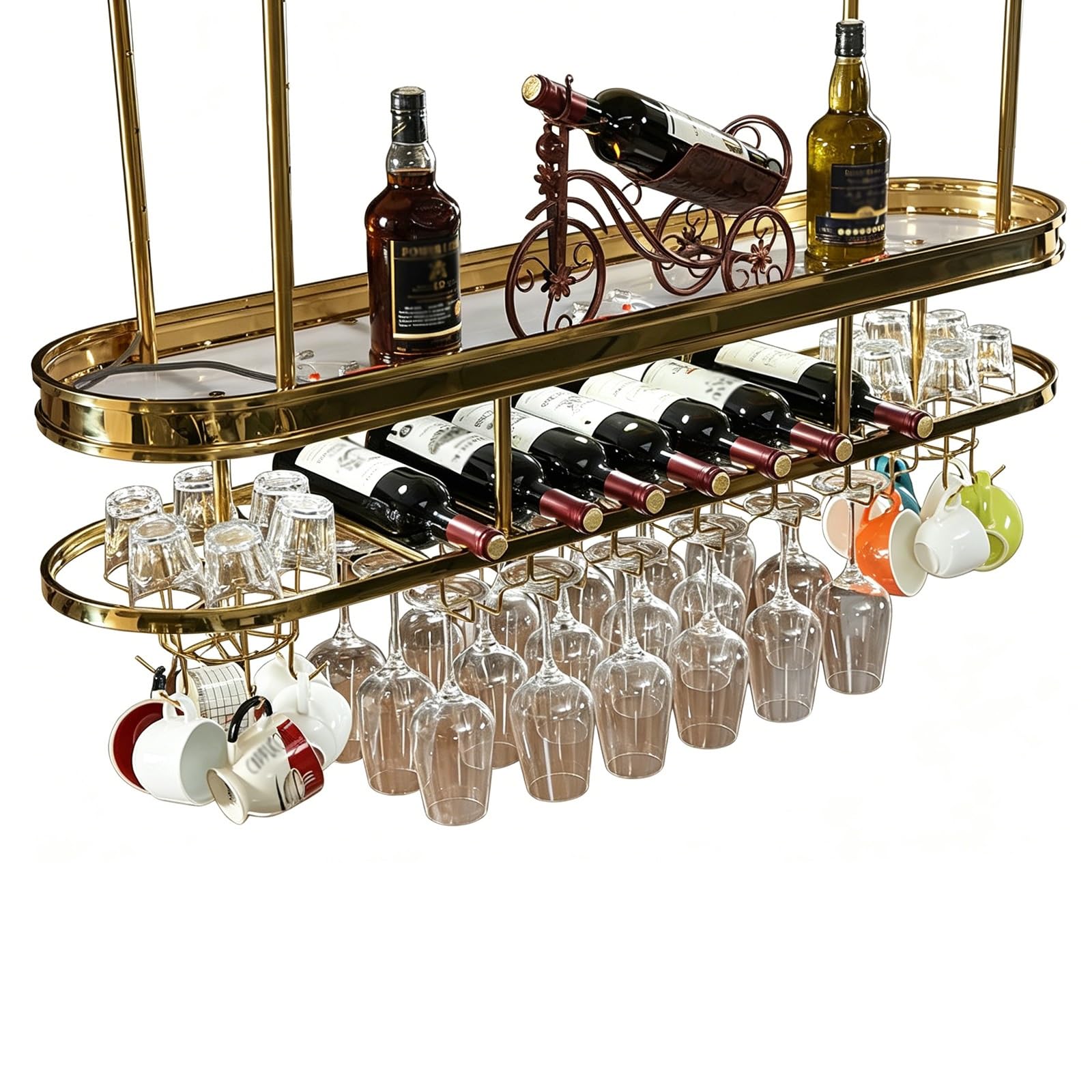 ASYJVWYZ Adjustable Ceiling Wine Rack, Overhead 2-Tier Wine Bottle & Glass Holder With Cup Hooks, Metal Storage Organizer For Bar & Kitchen(100x30cm/39x12in)