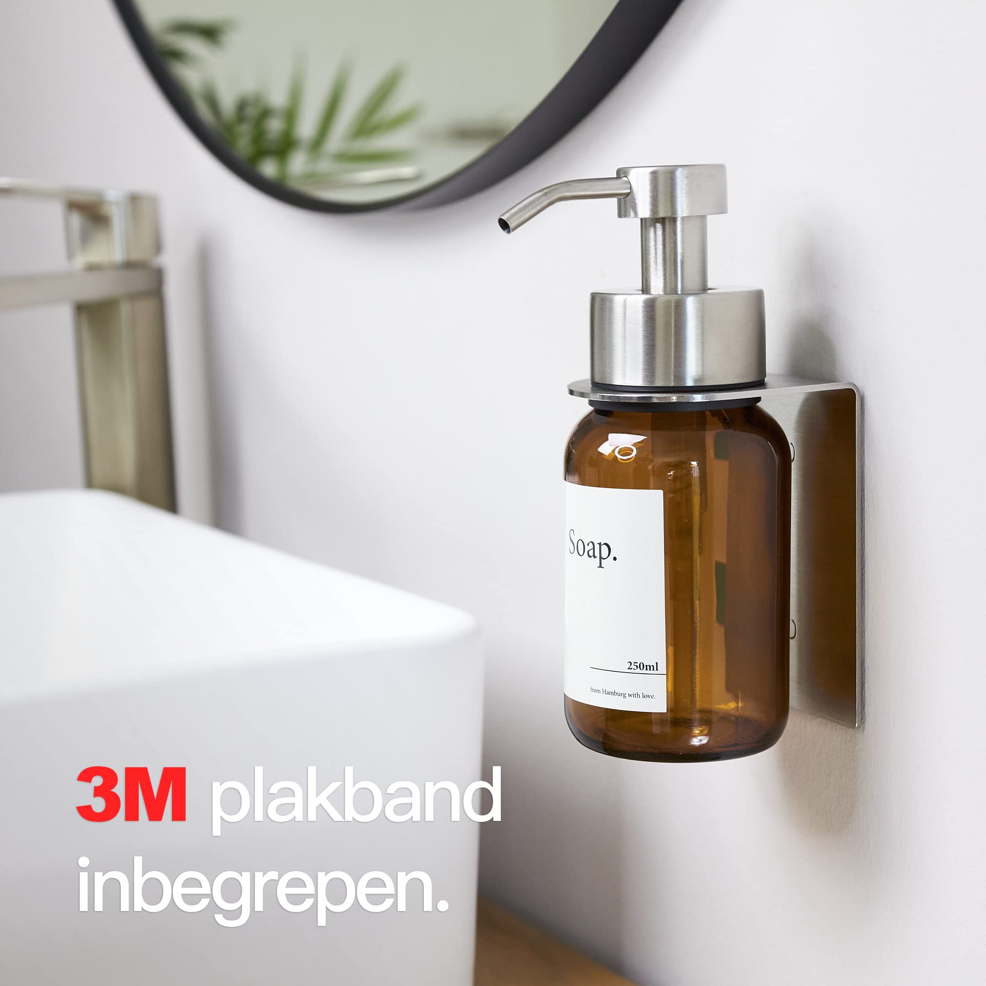 Designfabrik Hamburg Glass Soap Dispenser with Wall Holder, Self-Adhesive, Stainless Steel Pump Dispenser for Liquid Soap, Dish Detergent Dispenser