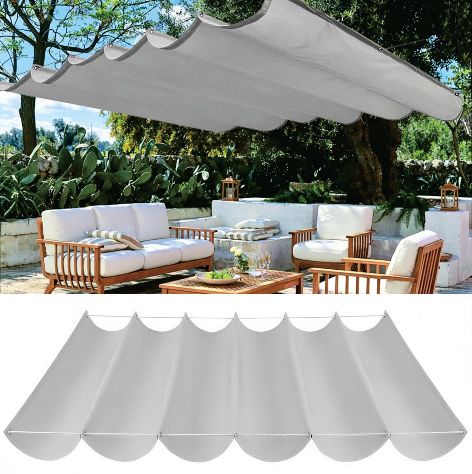 Auvent ondulé 120 x 205 cm gris clair avec œillets et cordes de fixation pour le patio