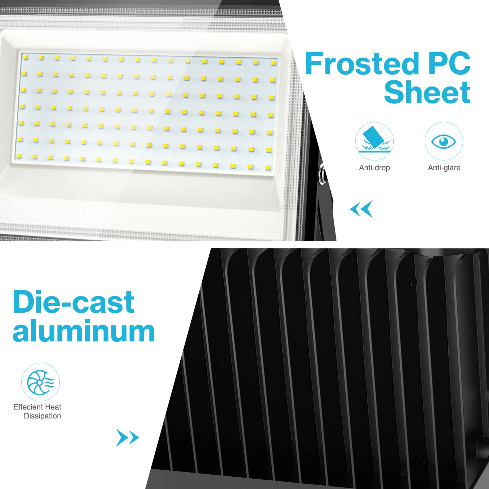 Olafus 2 Pack 100W LED Flood Light Outdoor, 9000lm LED Work Light with Plug, IP66 Waterproof Exterior Security Lights, 6500K Daylight White Outside Floodlights for Playground Yard Stadium Lawn Ball