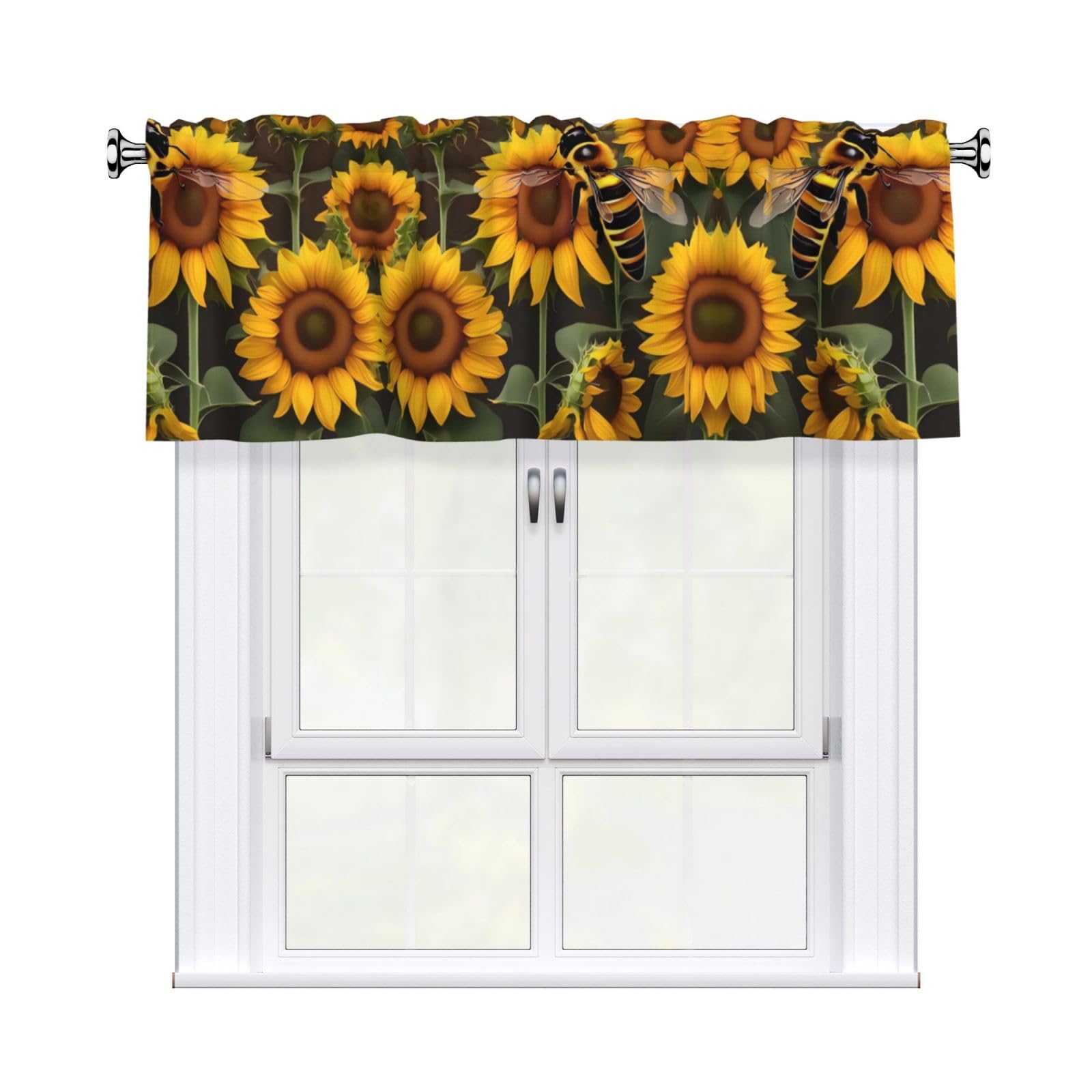 LMNGH bee & Sunflowers Curtain Valance for Windows,Kitchen Window Curtains Blackout Drapes Window Treatments Decorative Rod Pocket Short Curtain for Living Room Bedroom,54" W x 18" L