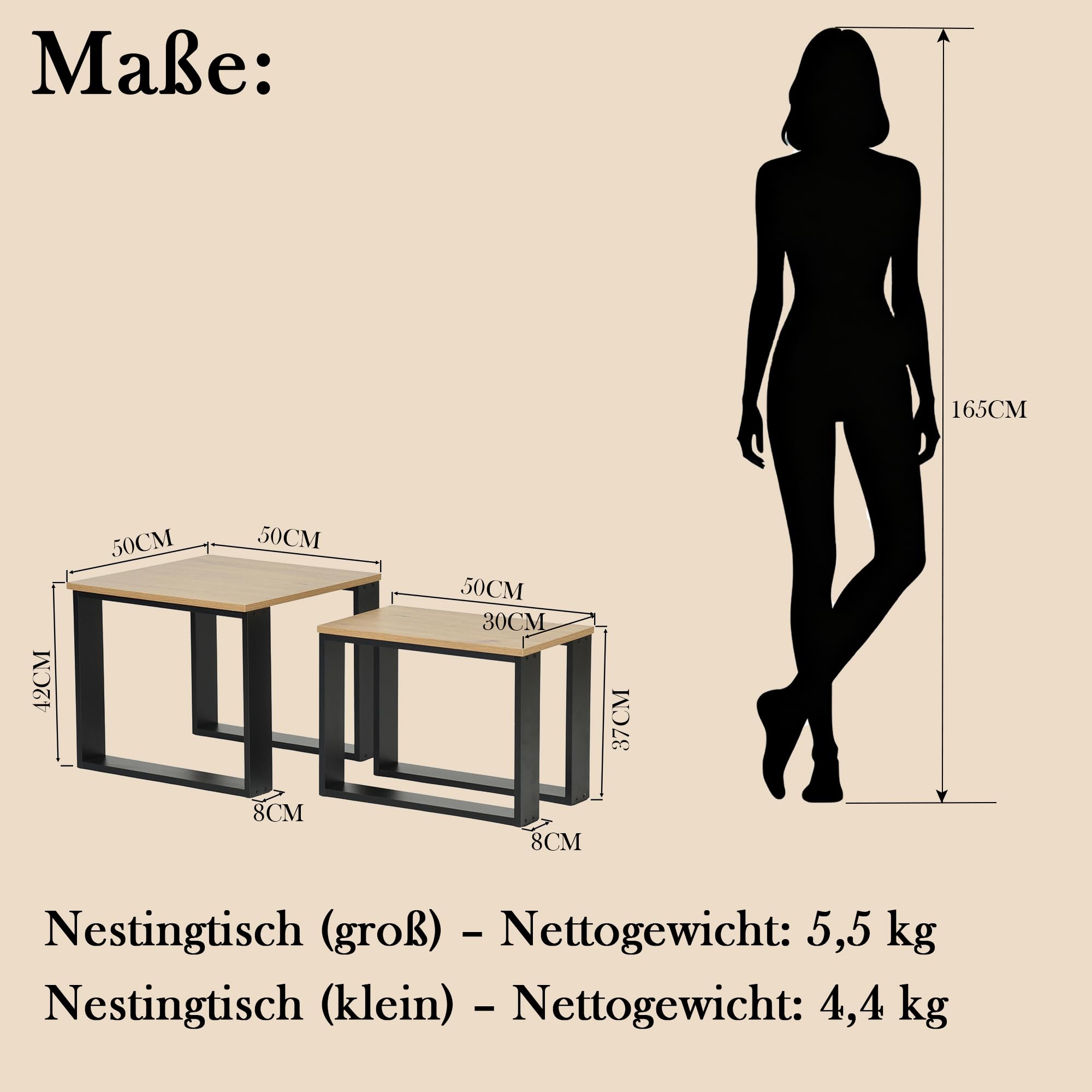 Lot de 2 Tables Basse Gigogne Carrée de Salon Noire et Bois Foncé, Table Basse Moderne Design Table D'appoint de Canapé et Chevet pour Salon/Chambre/Balcon/Jardin/Bureau/50X50CM(Imitation Chêne)