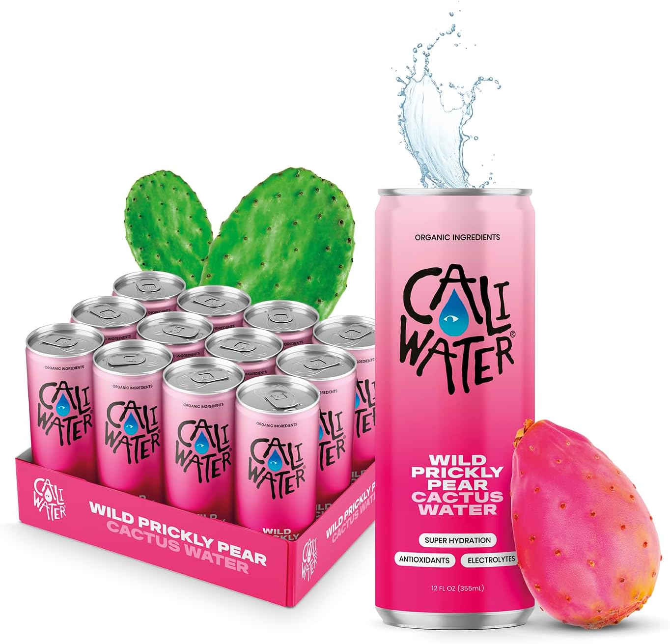 CALI WATER Organic Wild Prickly Pear Nopal Cactus with Rare Antioxidants + Electrolytes for Hydration and Recovery, Plant-Based, Non-GMO, Non-Carbonated, 12 fl oz Cans (Pack of 12)