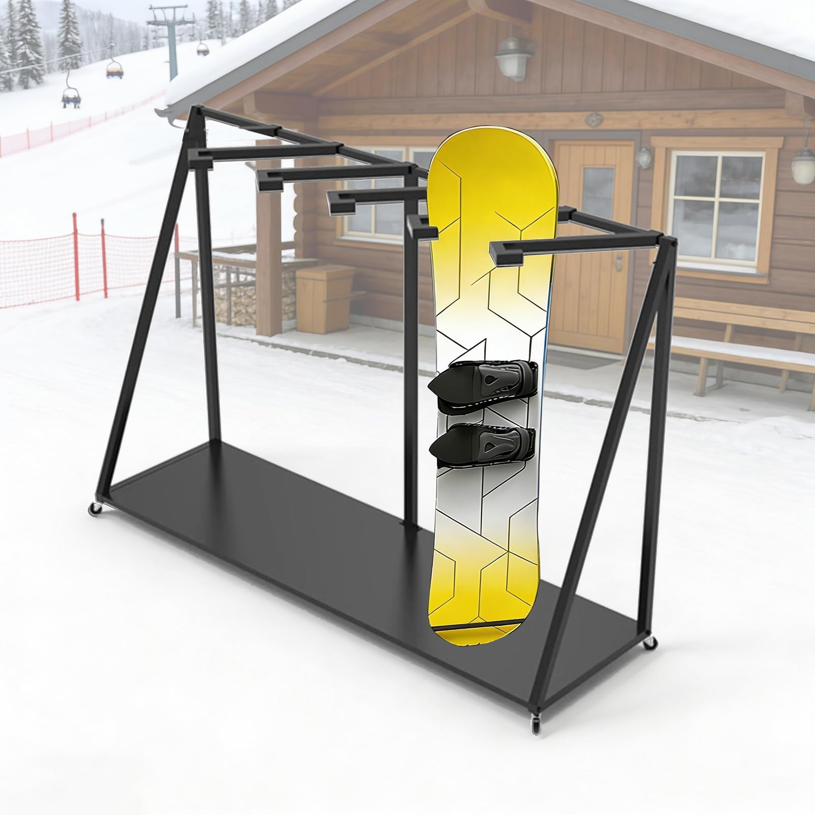 Stojak na Narty Zewnętrzny Uchwyt na Snowboard na Kółkach, Wolnostojący, Uchylny Wózek do Przechowywania Desek Surfingowych, Duża Pojemność, Wytrzymały(5 Hooks)