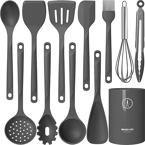 Juego de utensilios de cocina de silicona, resistente al calor de 600 F, juego de utensilios de cocina antiadherentes con espátulas, cucharas,