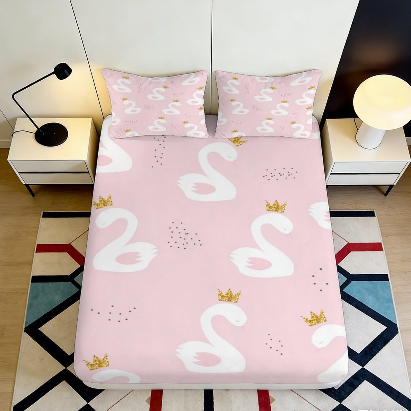 3D Printed Pink Swan Fitted Sheet Microfiber Soft Breathable Crown Bed Cover for Bedroom Guest Room Decor Mattress Protection 90x200x25cm